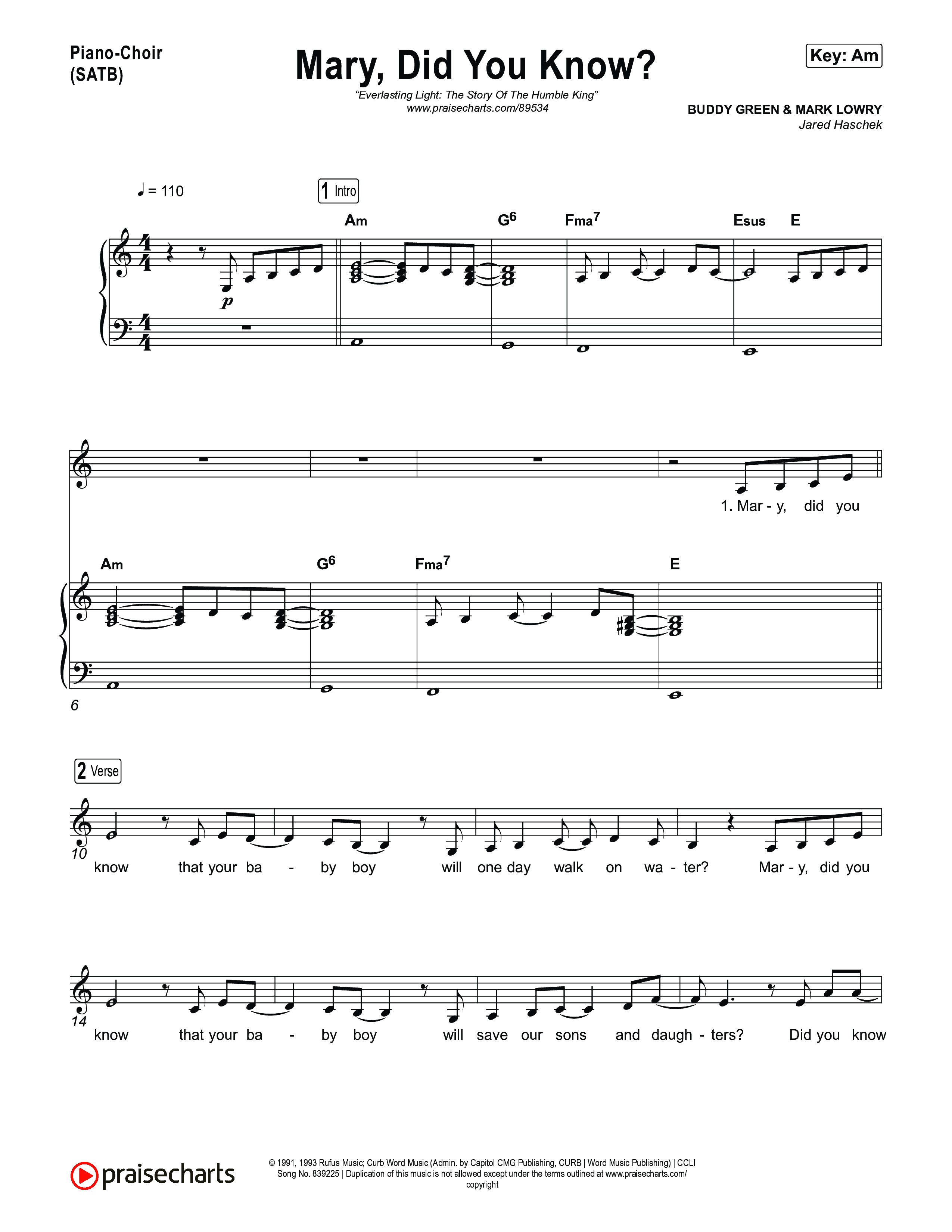 Mary Did You Know Piano/Vocal (SATB) (Museum Of The Bible)