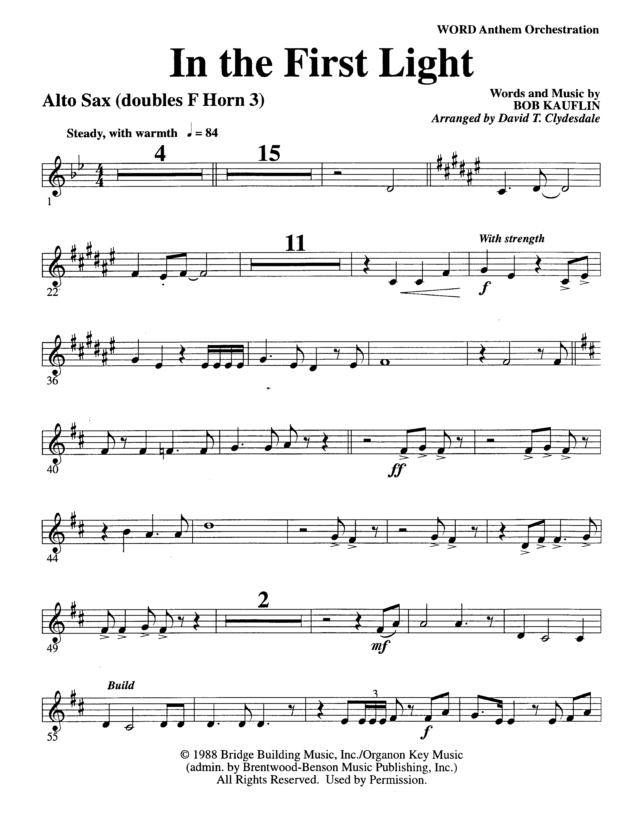 In The First Light (Choral Anthem SATB) Alto Sax (Word Music Choral / Arr. David Clydesdale)
