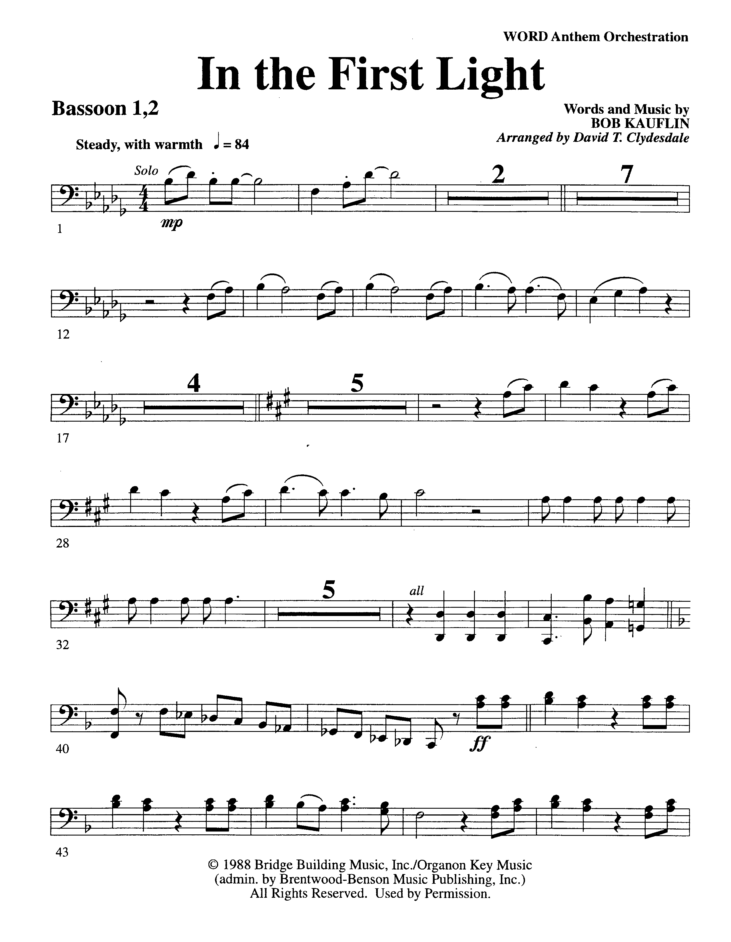 In The First Light (Choral Anthem SATB) Bassoon 1/2 (Word Music Choral / Arr. David Clydesdale)