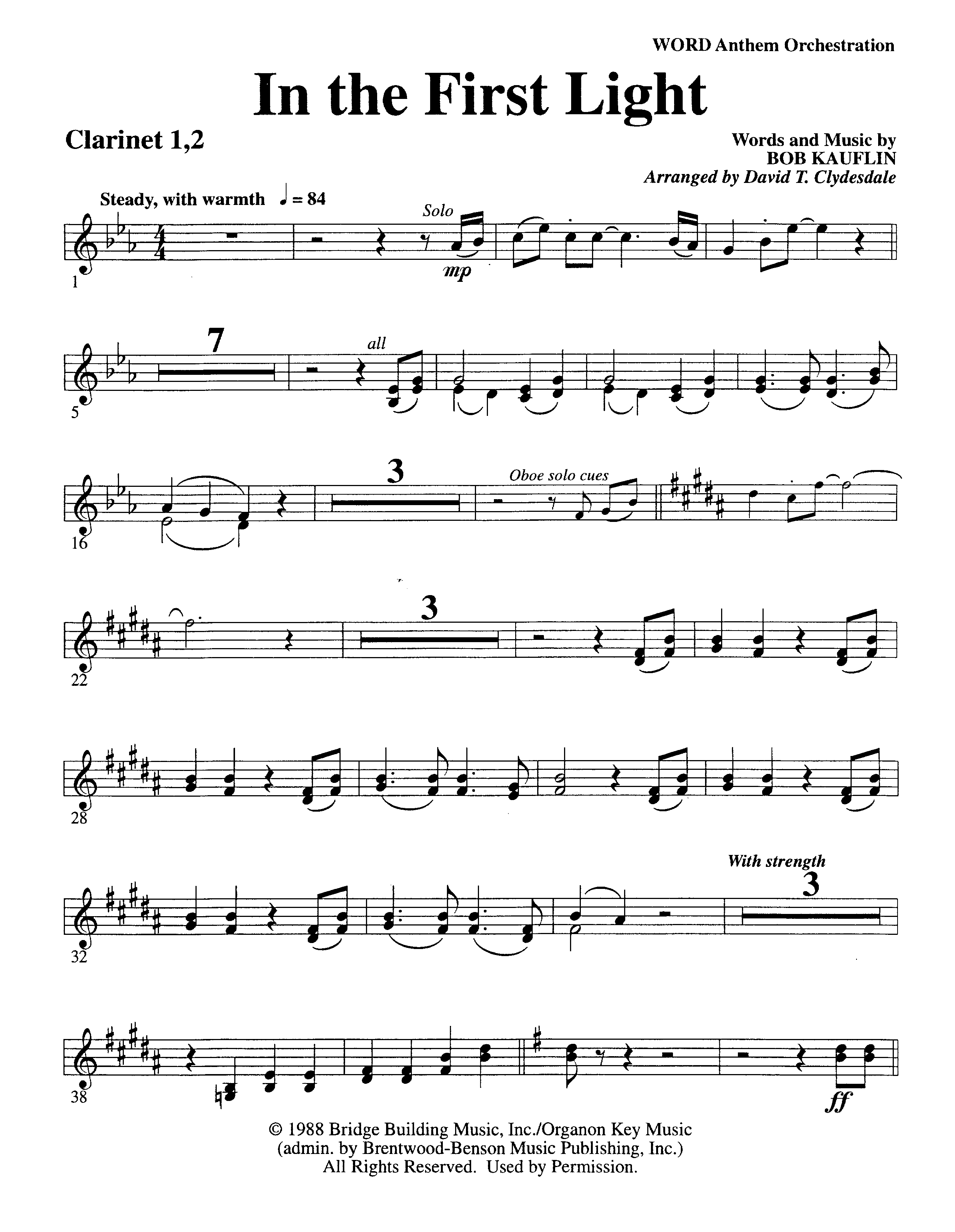 In The First Light (Choral Anthem SATB) Clarinet 1/2 (Word Music Choral / Arr. David Clydesdale)