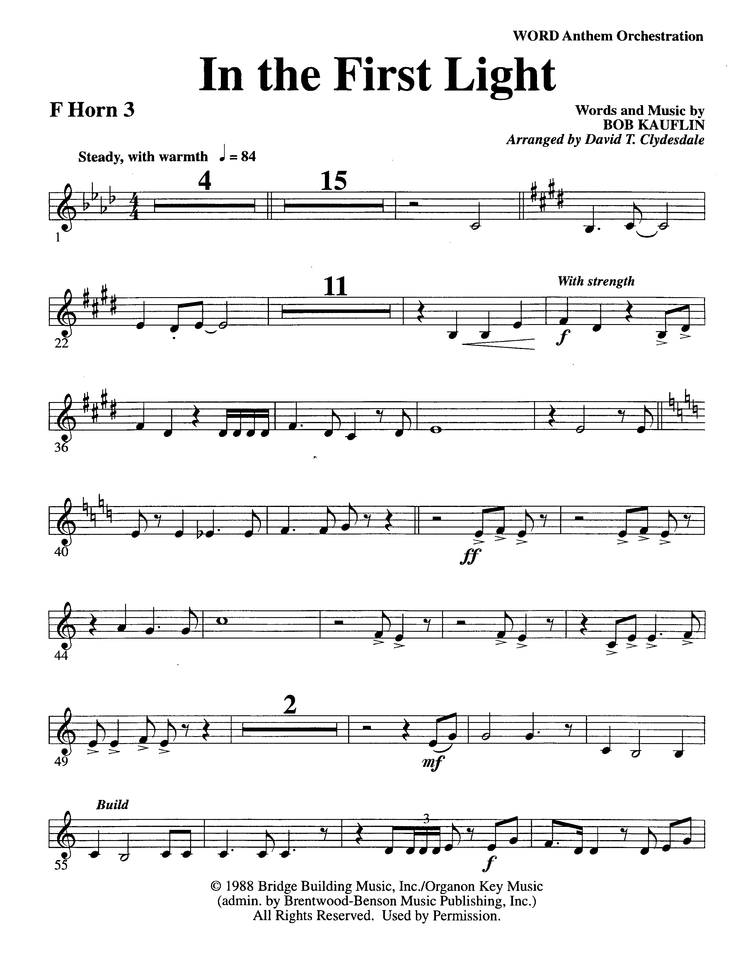 In The First Light (Choral Anthem SATB) French Horn 3 (Word Music Choral / Arr. David Clydesdale)