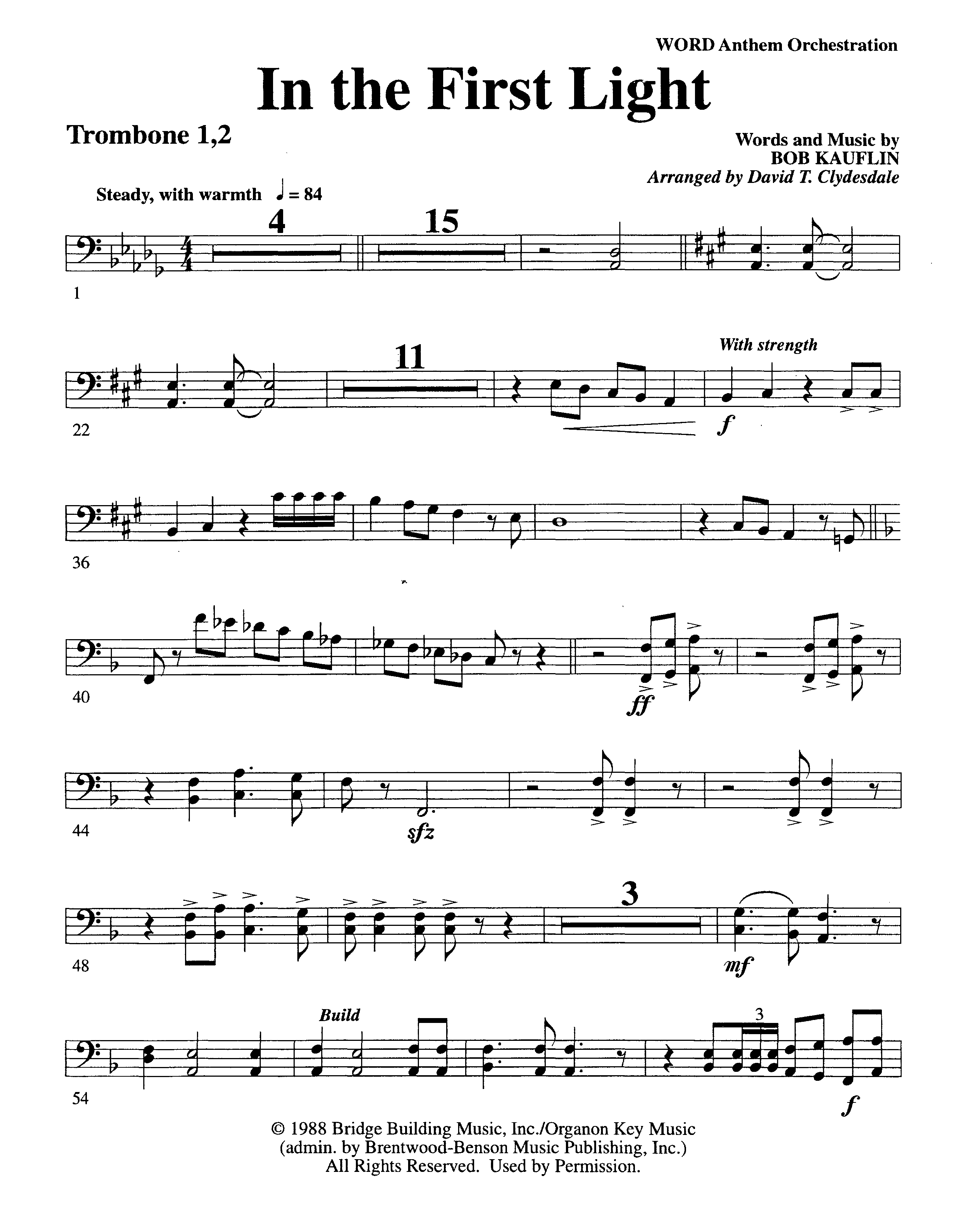 In The First Light (Choral Anthem SATB) Trombone 1/2 (Word Music Choral / Arr. David Clydesdale)