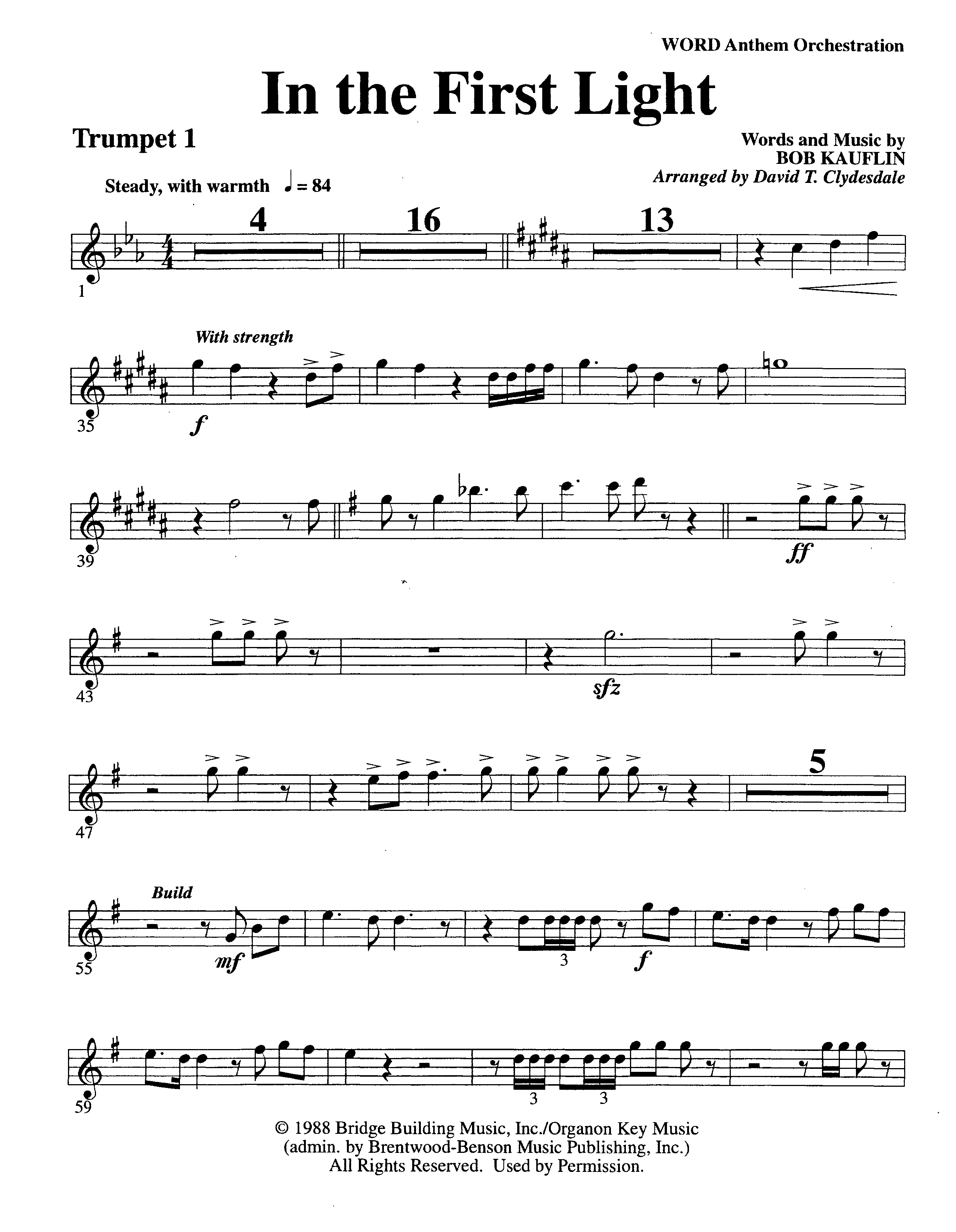 In The First Light (Choral Anthem SATB) Trumpet 1 (Word Music Choral / Arr. David Clydesdale)