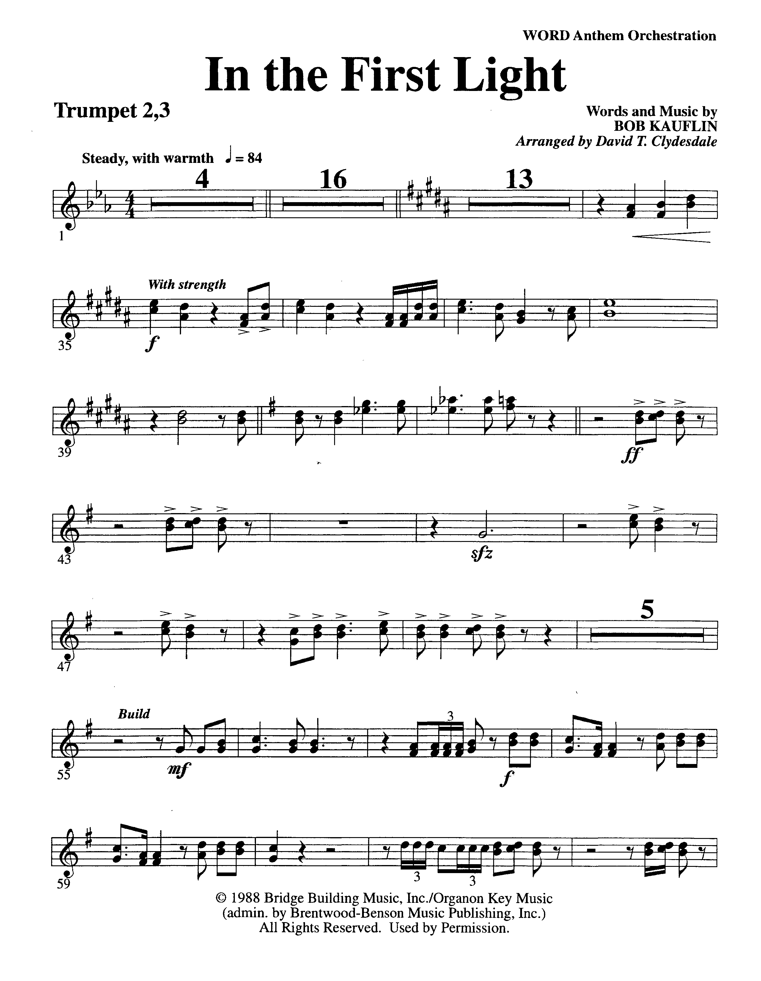 In The First Light (Choral Anthem SATB) Trumpet 2/3 (Word Music Choral / Arr. David Clydesdale)