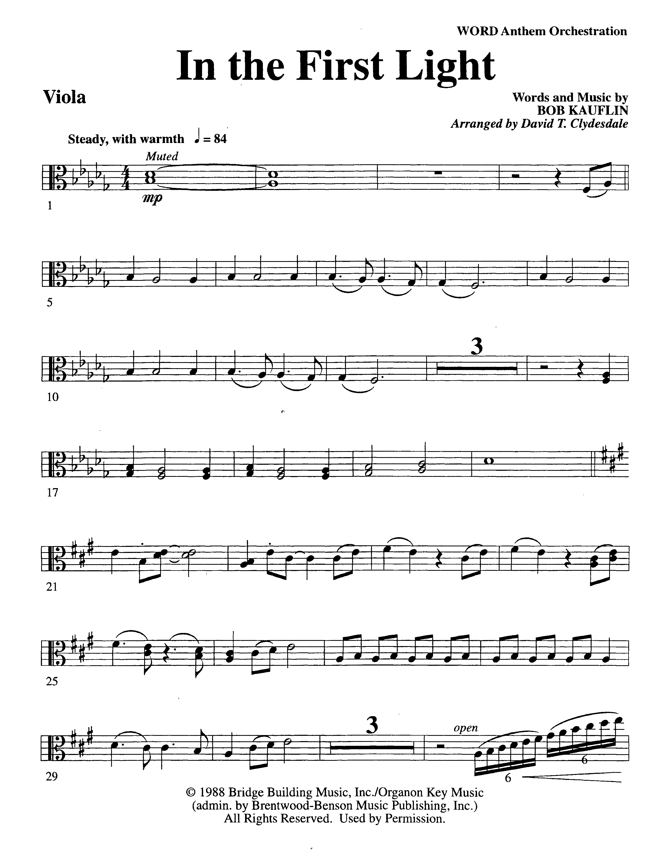 In The First Light (Choral Anthem SATB) Viola (Word Music Choral / Arr. David Clydesdale)