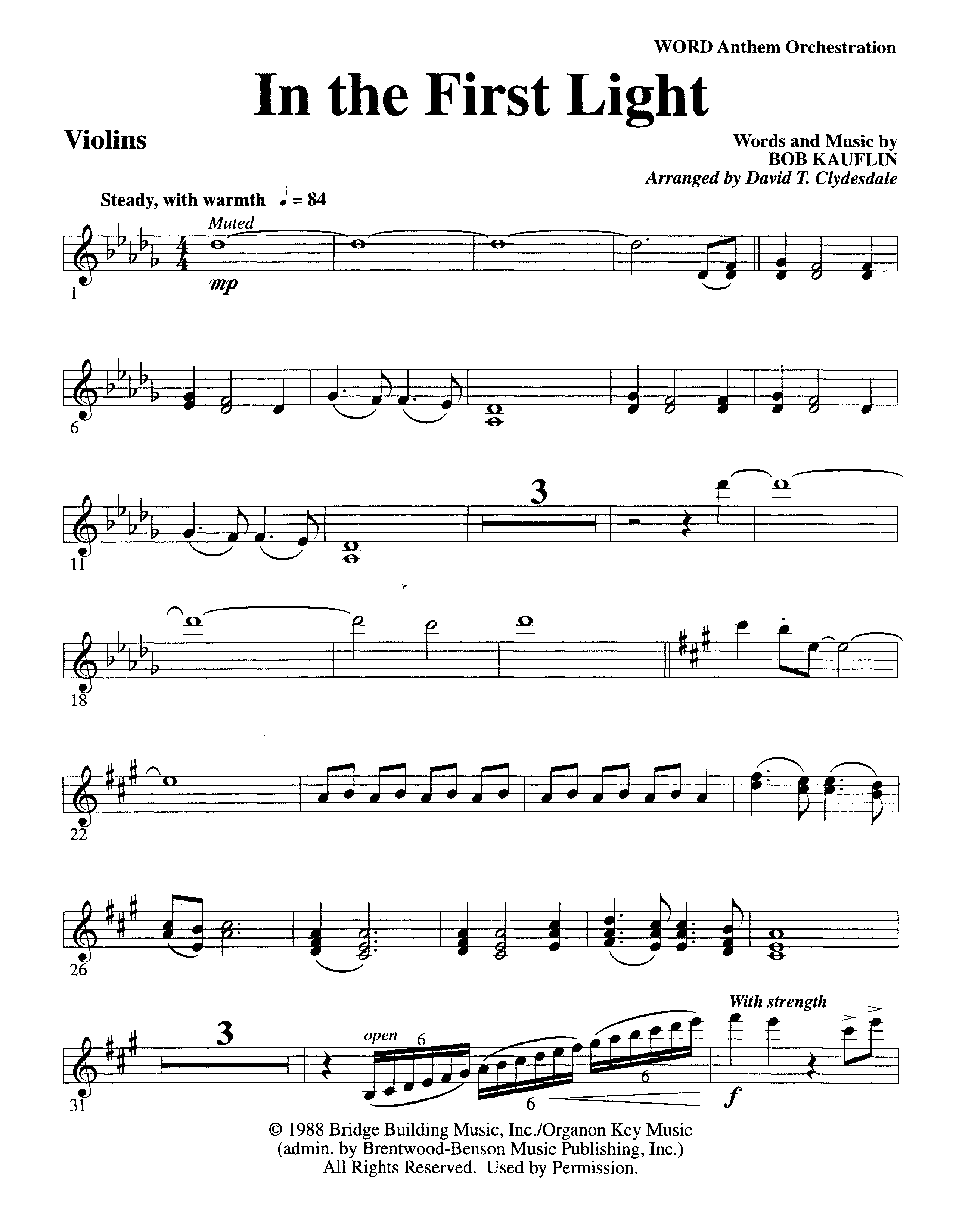 In The First Light (Choral Anthem SATB) Violins (Word Music Choral / Arr. David Clydesdale)