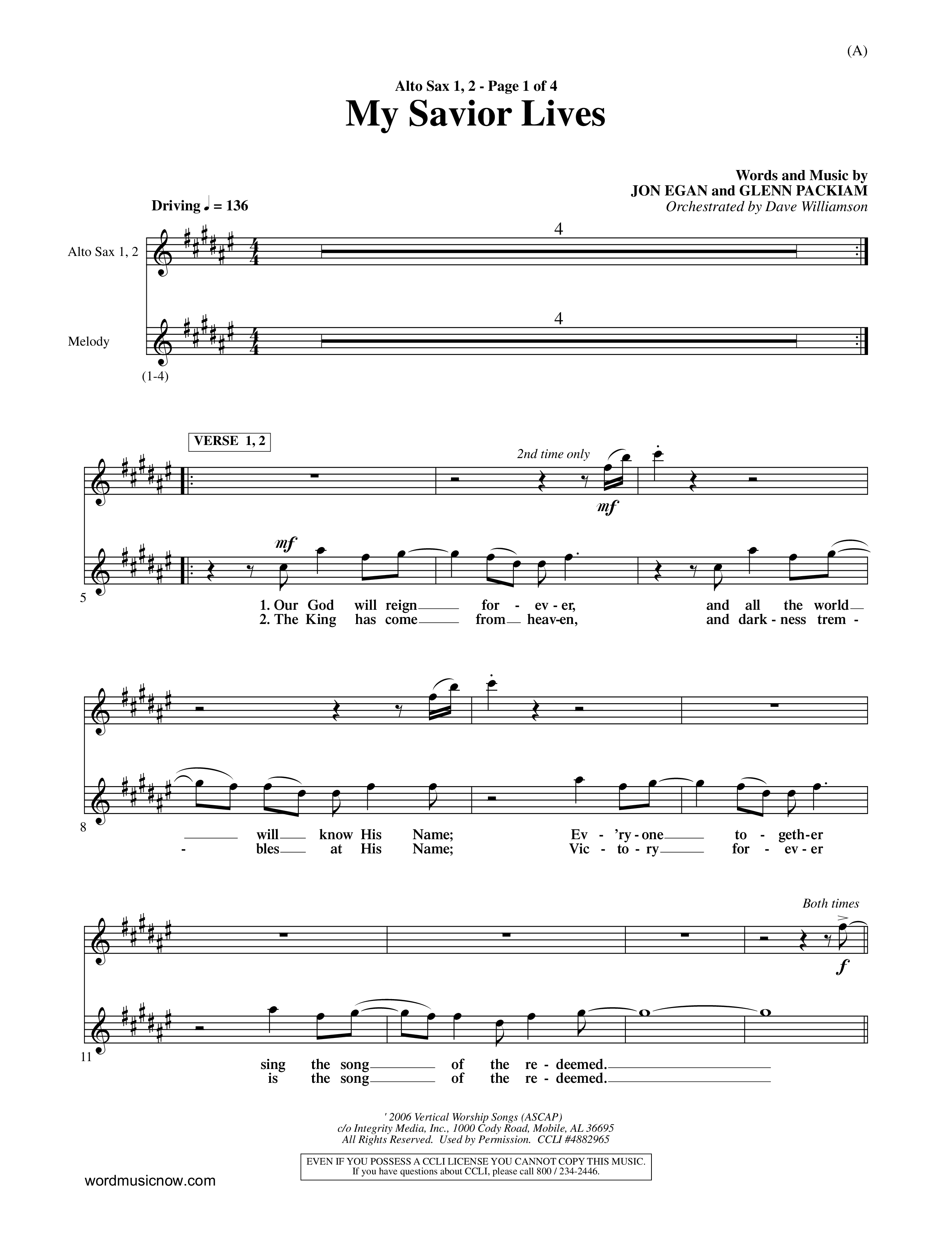 My Savior Lives (Choral Anthem SATB) Alto Sax 1/2 (Word Music Choral / Orch. Dave Williamson)