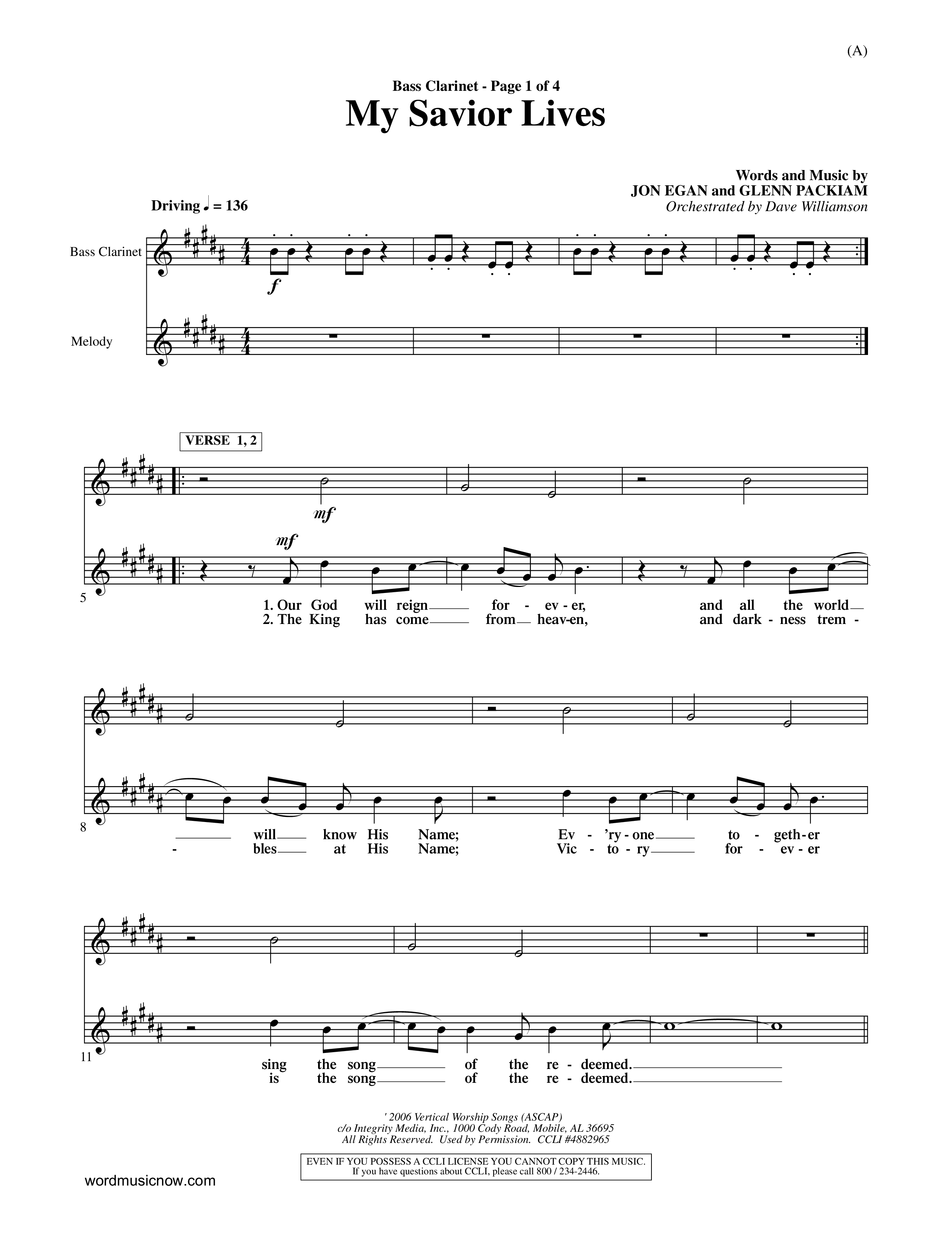 My Savior Lives (Choral Anthem SATB) Bass Clarinet (Word Music Choral / Orch. Dave Williamson)