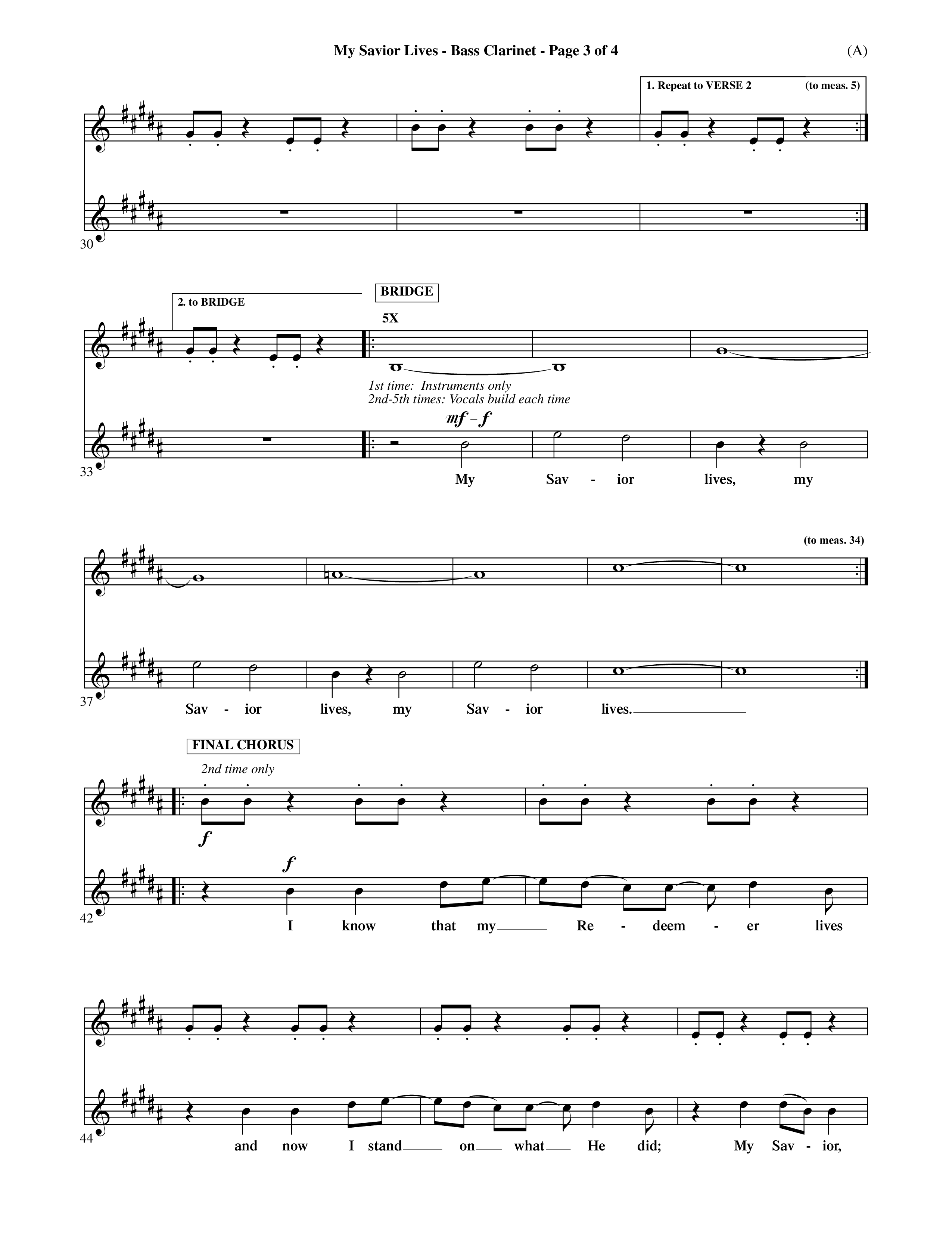 My Savior Lives (Choral Anthem SATB) Bass Clarinet (Word Music Choral / Orch. Dave Williamson)