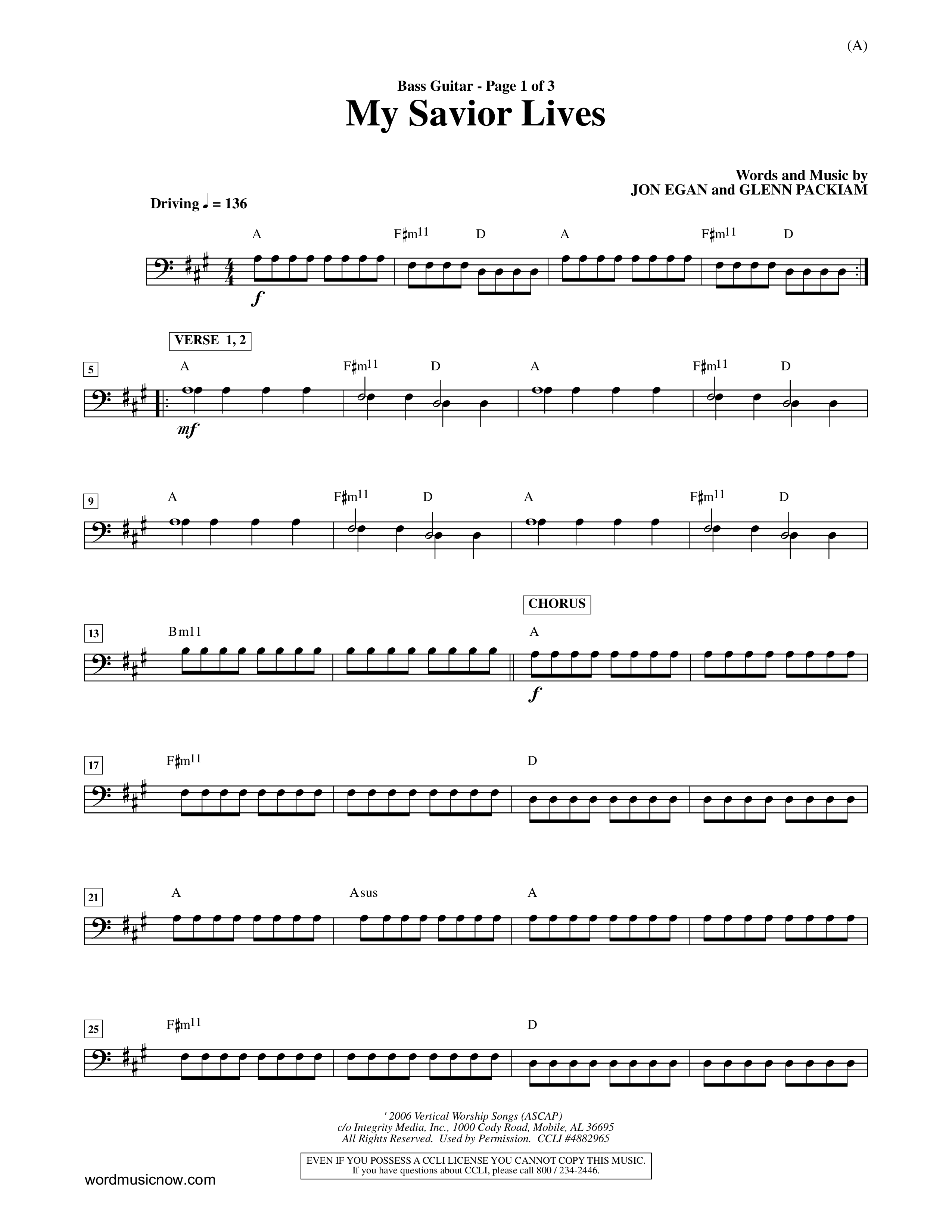 My Savior Lives (Choral Anthem SATB) Bass Guitar (Word Music Choral / Orch. Dave Williamson)