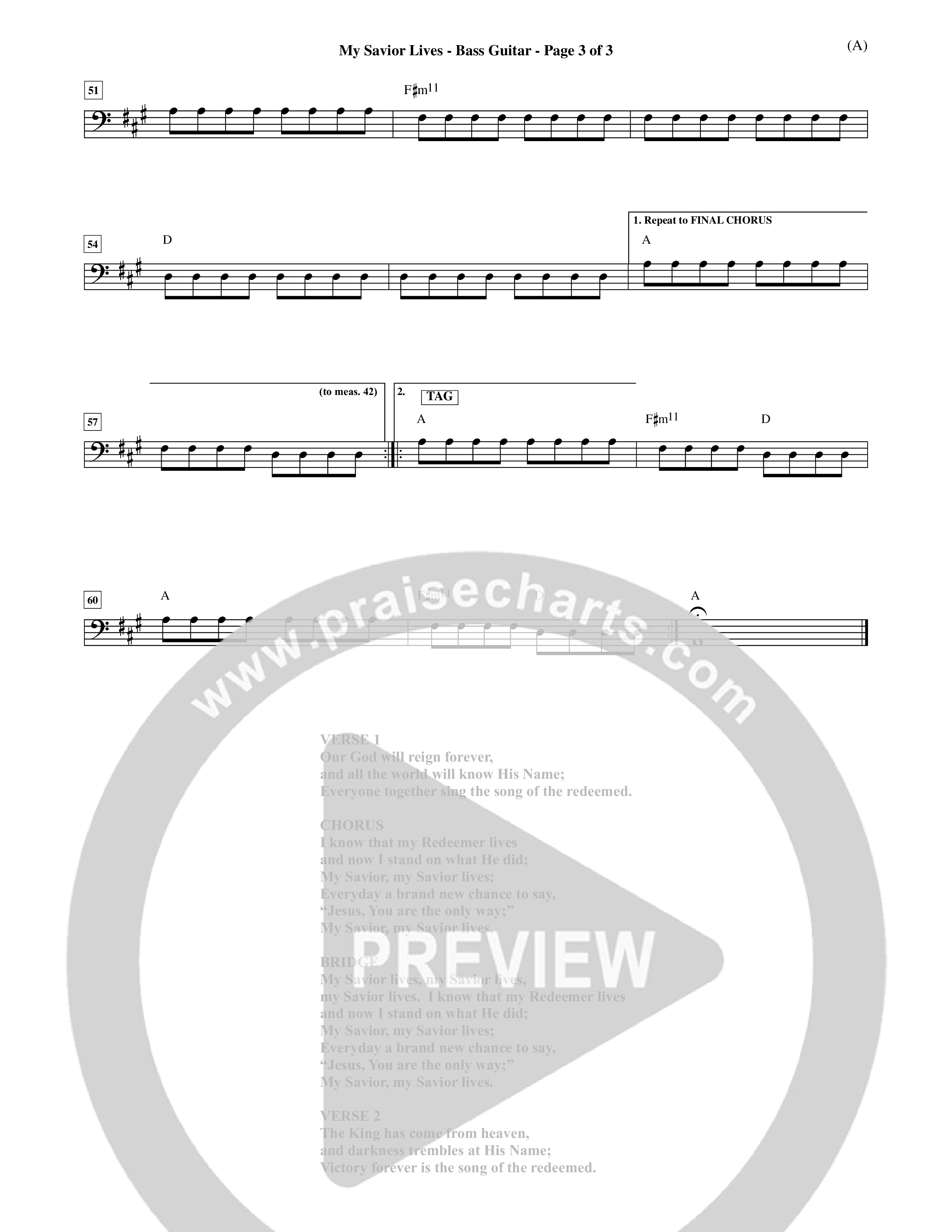 My Savior Lives (Choral Anthem SATB) Bass Guitar (Word Music Choral / Orch. Dave Williamson)