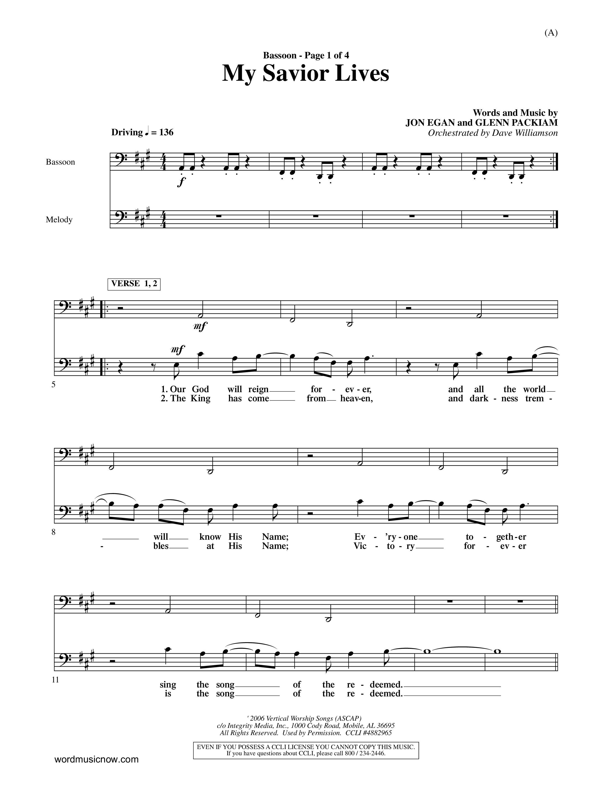 My Savior Lives (Choral Anthem SATB) Bassoon (Word Music Choral / Orch. Dave Williamson)