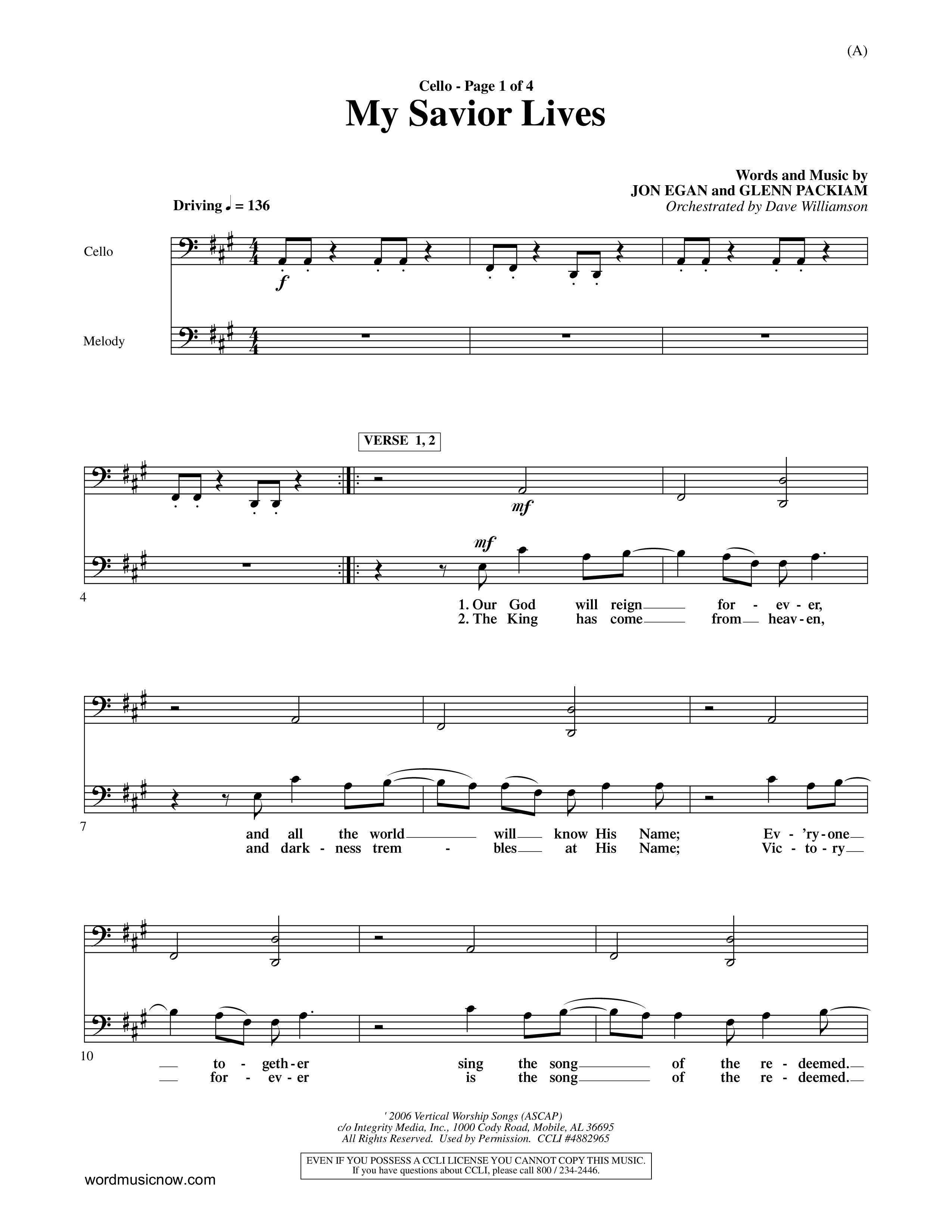 My Savior Lives (Choral Anthem SATB) Cello (Word Music Choral / Orch. Dave Williamson)