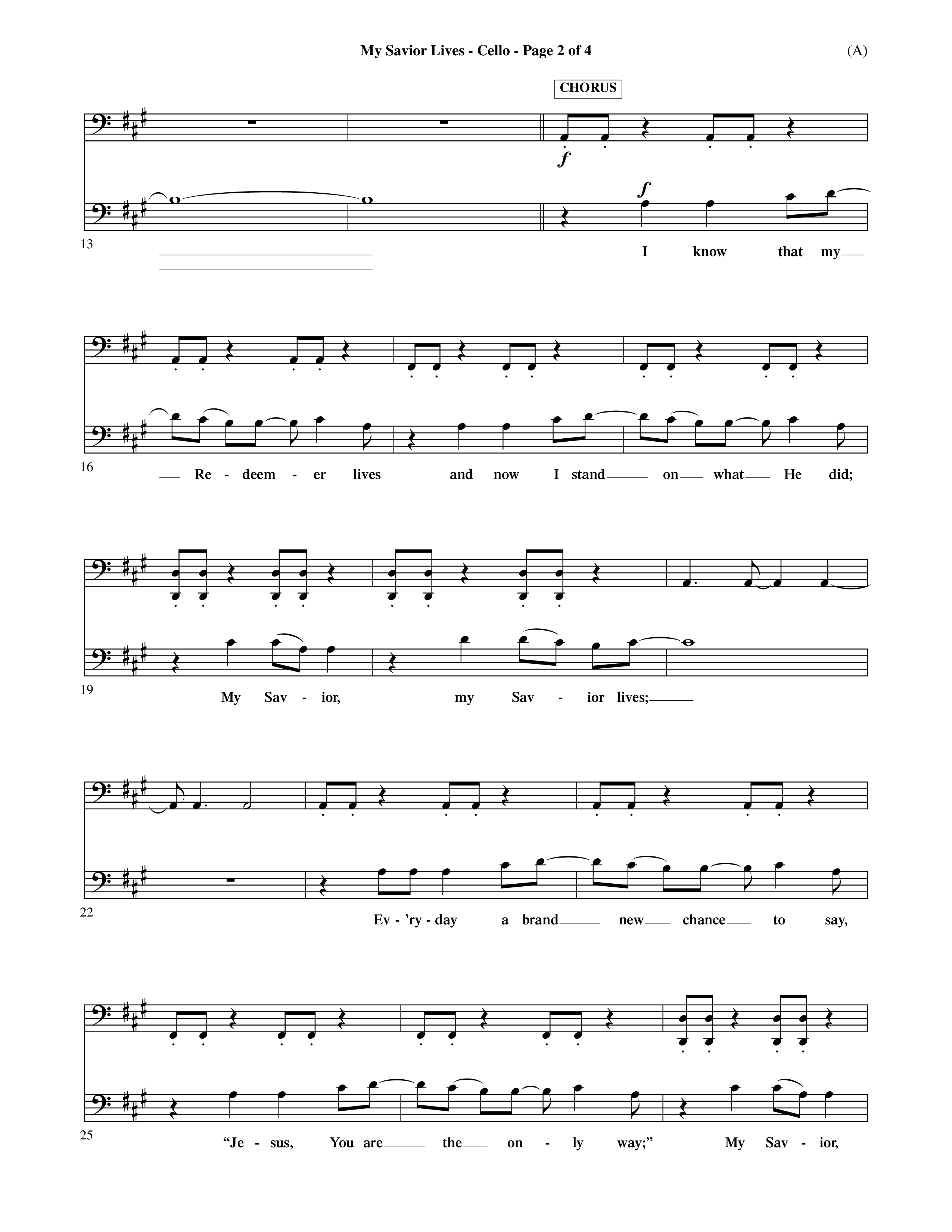 My Savior Lives (Choral Anthem SATB) Cello (Word Music Choral / Orch. Dave Williamson)