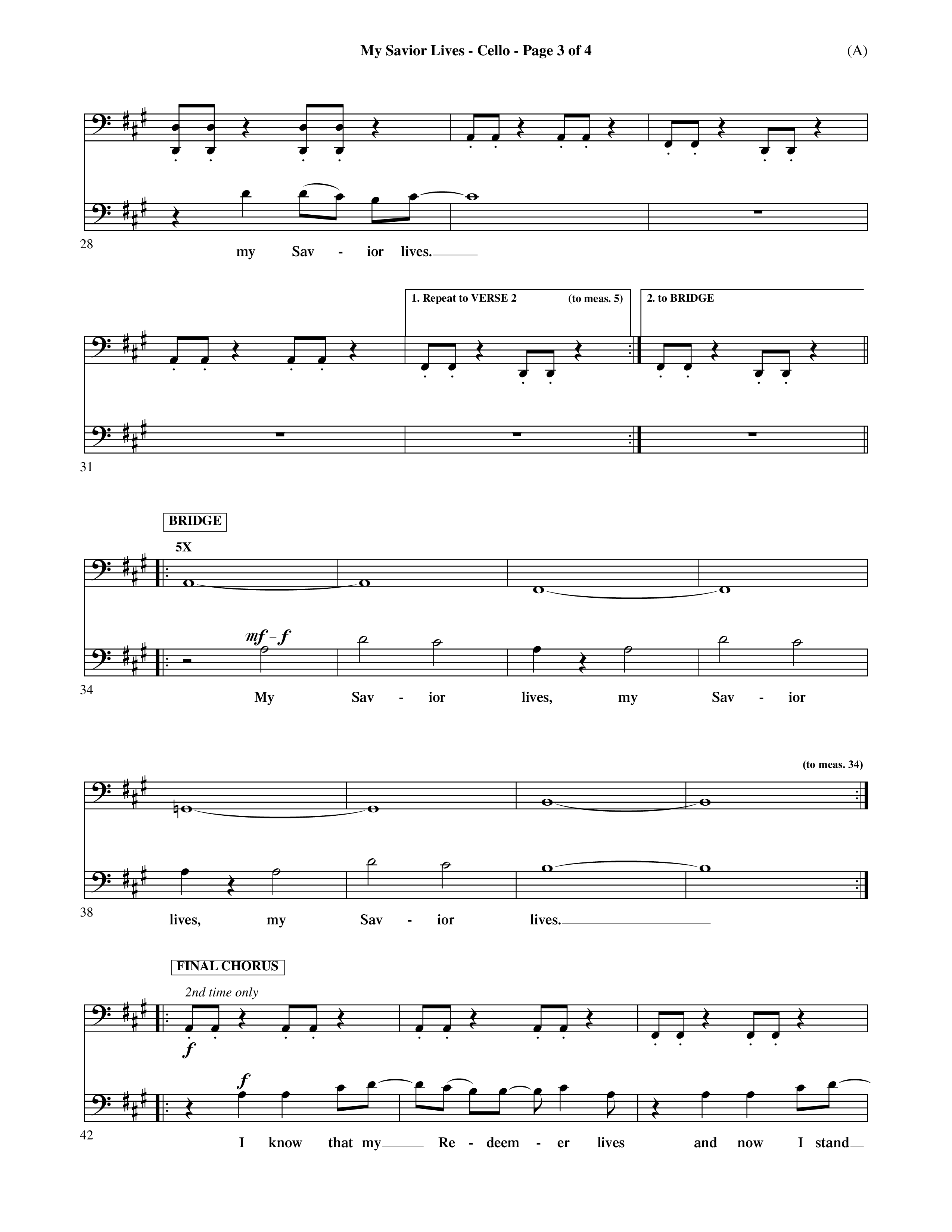 My Savior Lives (Choral Anthem SATB) Cello (Word Music Choral / Orch. Dave Williamson)