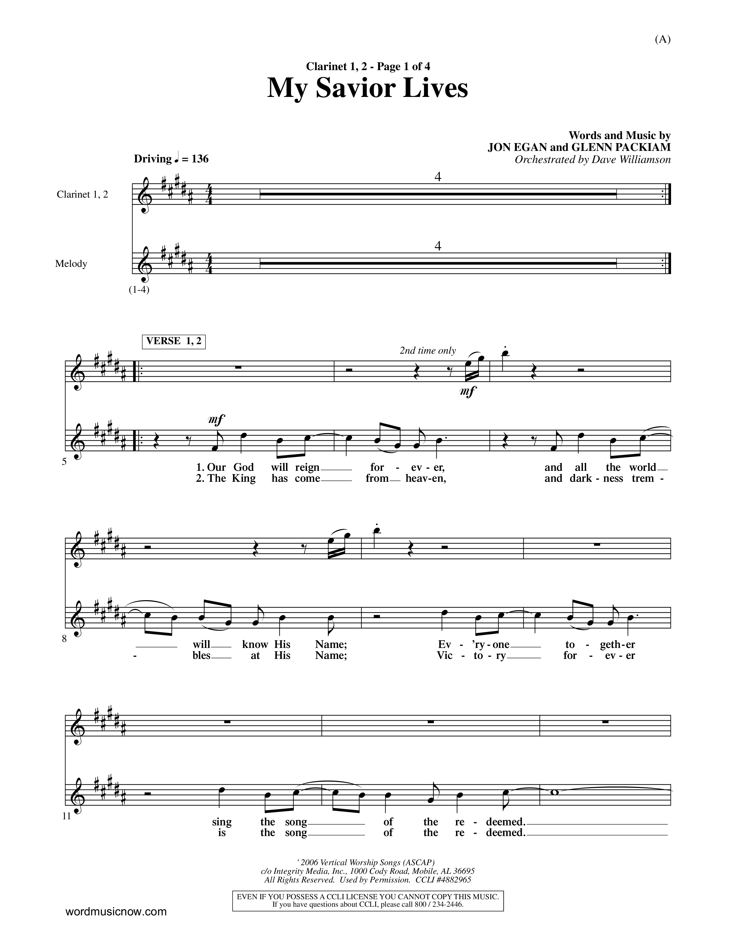 My Savior Lives (Choral Anthem SATB) Clarinet 1/2 (Word Music Choral / Orch. Dave Williamson)