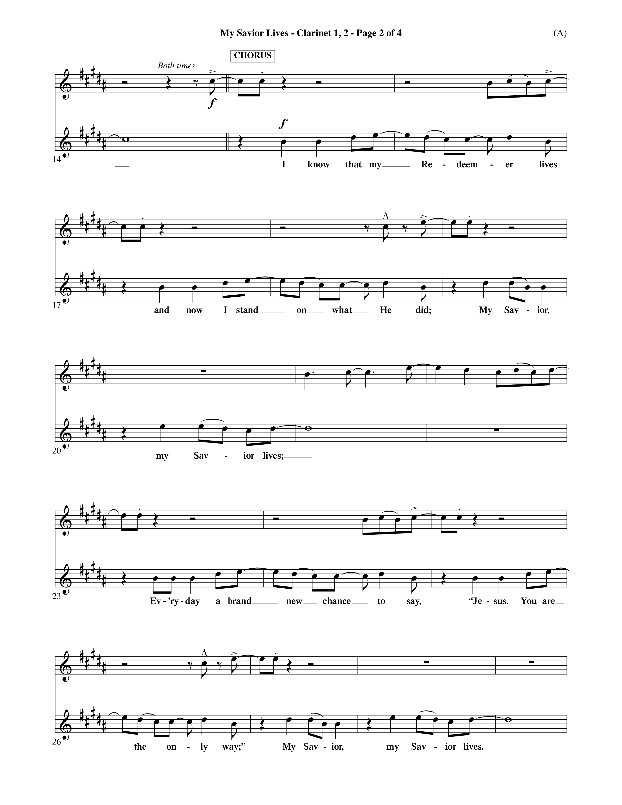 My Savior Lives (Choral Anthem SATB) Clarinet 1/2 (Word Music Choral / Orch. Dave Williamson)