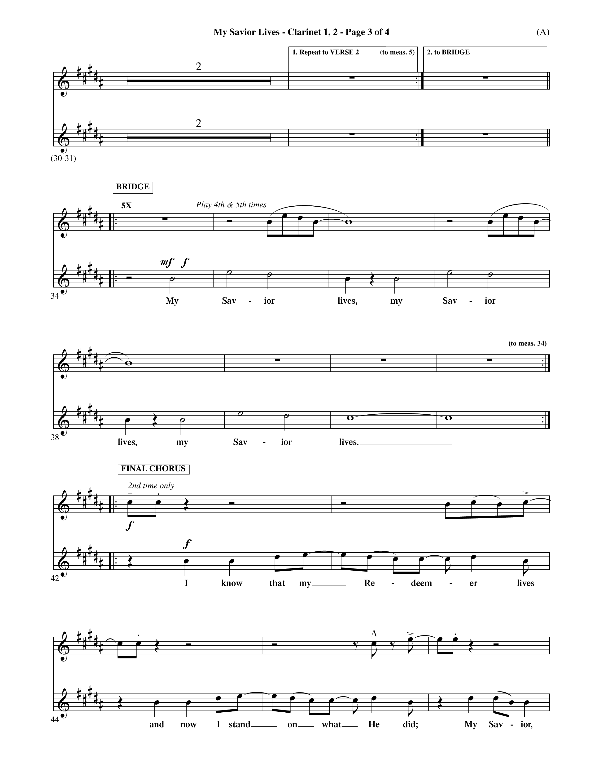 My Savior Lives (Choral Anthem SATB) Clarinet 1/2 (Word Music Choral / Orch. Dave Williamson)
