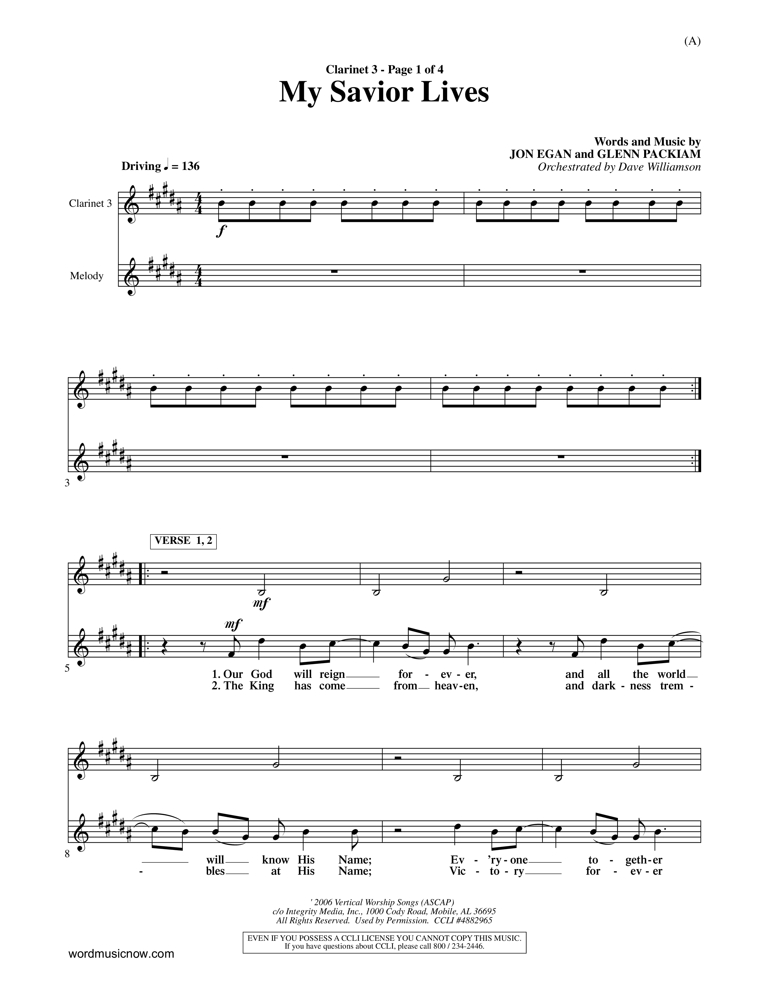My Savior Lives (Choral Anthem SATB) Clarinet 3 (Word Music Choral / Orch. Dave Williamson)