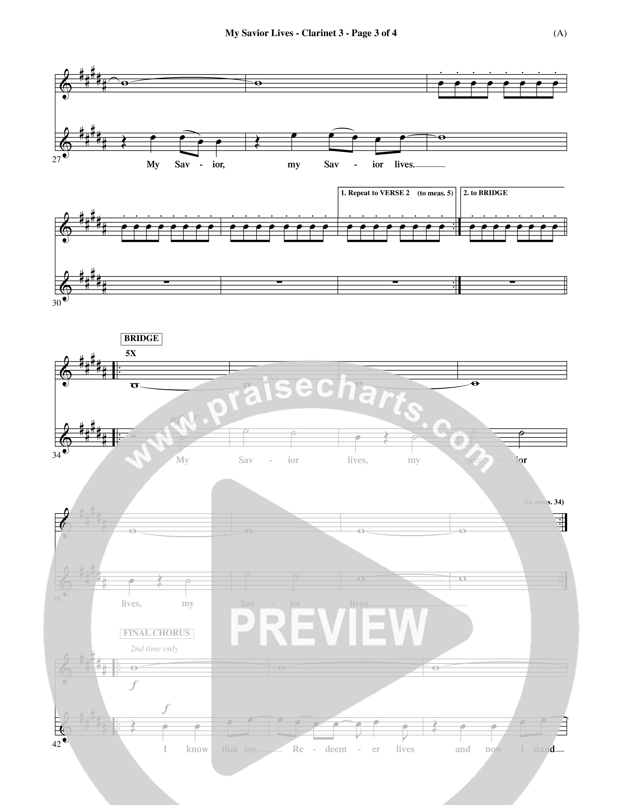 My Savior Lives (Choral Anthem SATB) Clarinet 3 (Word Music Choral / Orch. Dave Williamson)