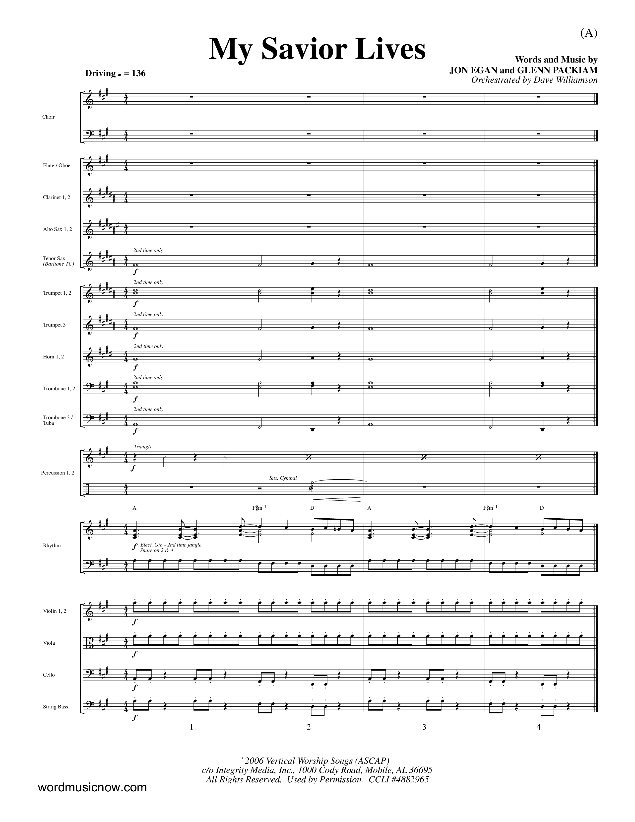 My Savior Lives (Choral Anthem SATB) Orchestration (Word Music Choral / Orch. Dave Williamson)