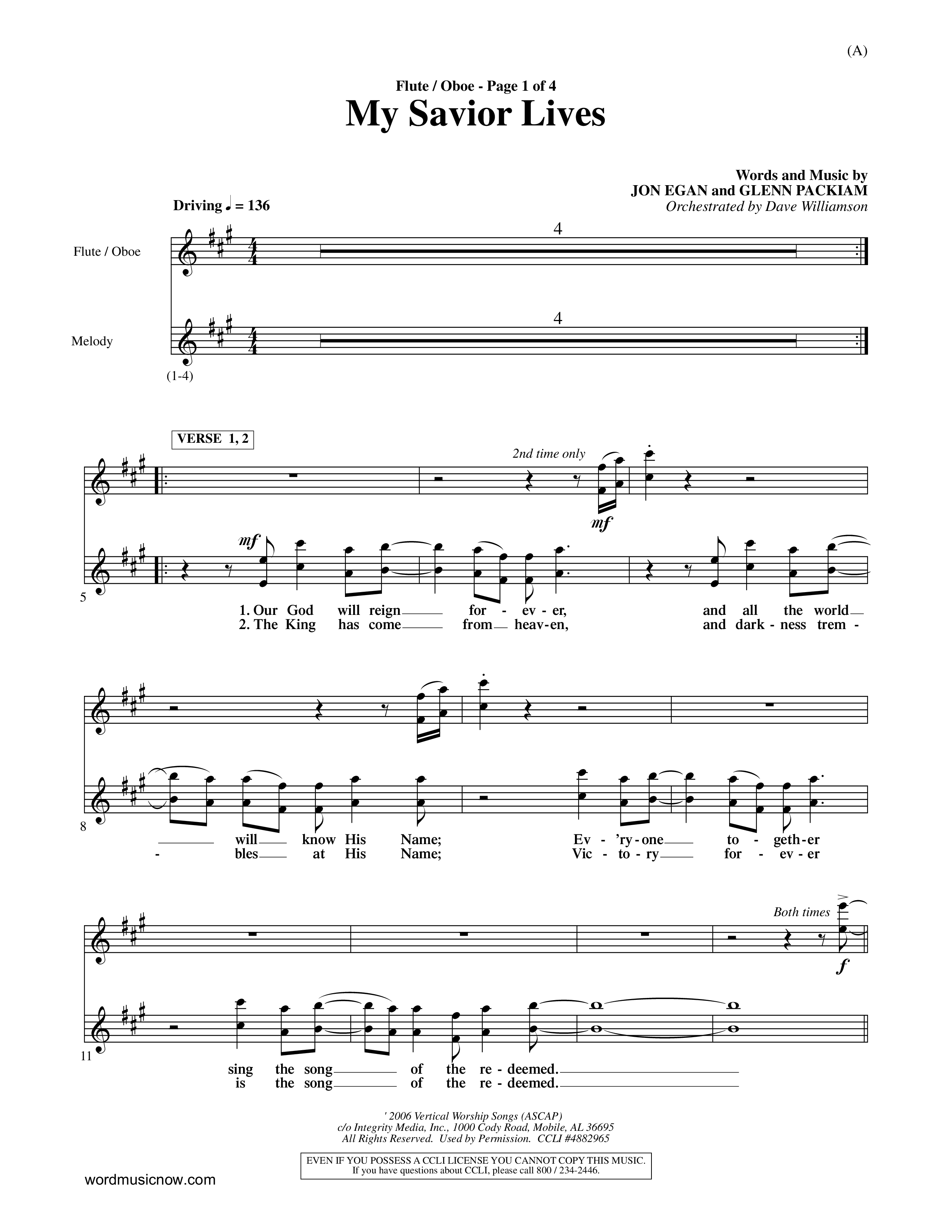 My Savior Lives (Choral Anthem SATB) Flute/Oboe (Word Music Choral / Orch. Dave Williamson)