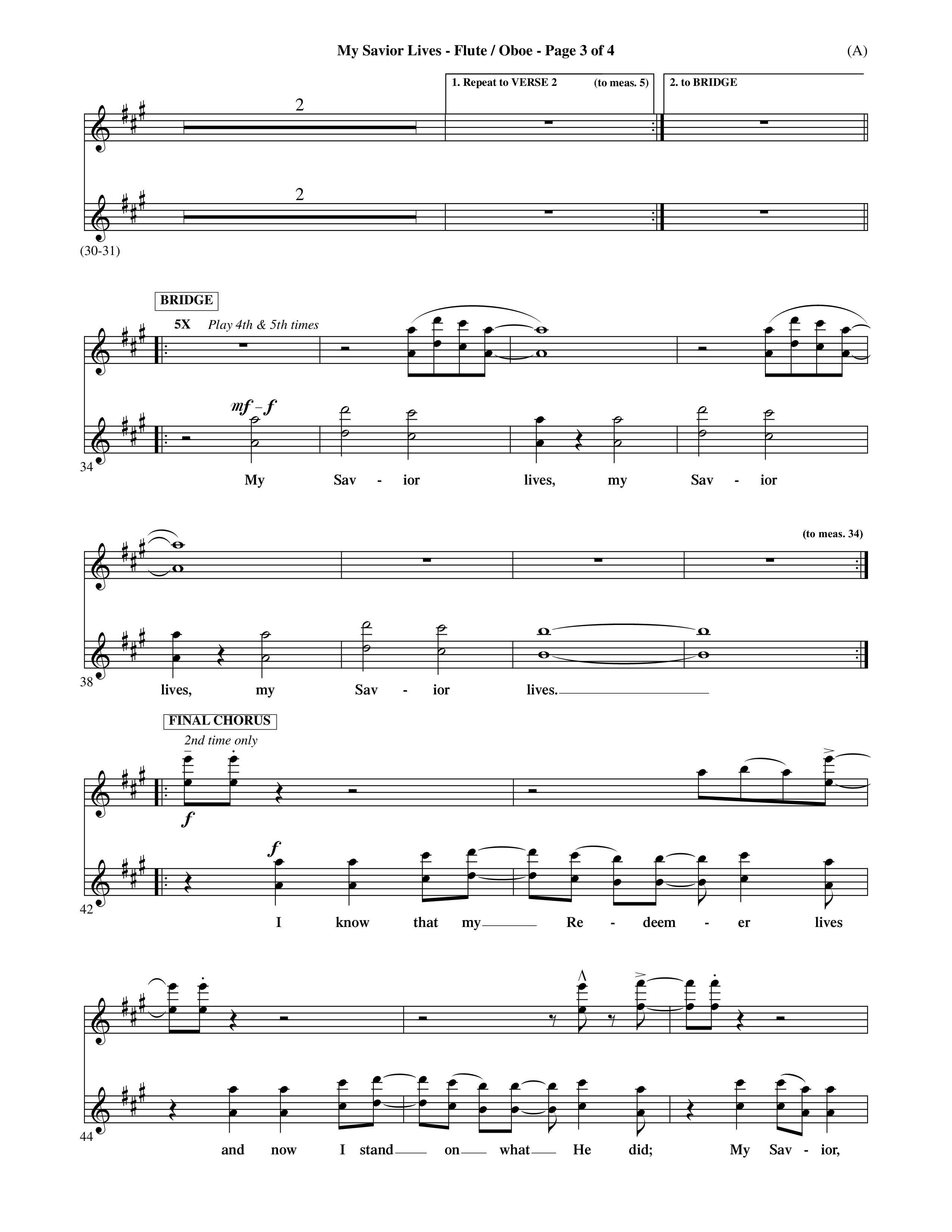 My Savior Lives (Choral Anthem SATB) Flute/Oboe (Word Music Choral / Orch. Dave Williamson)