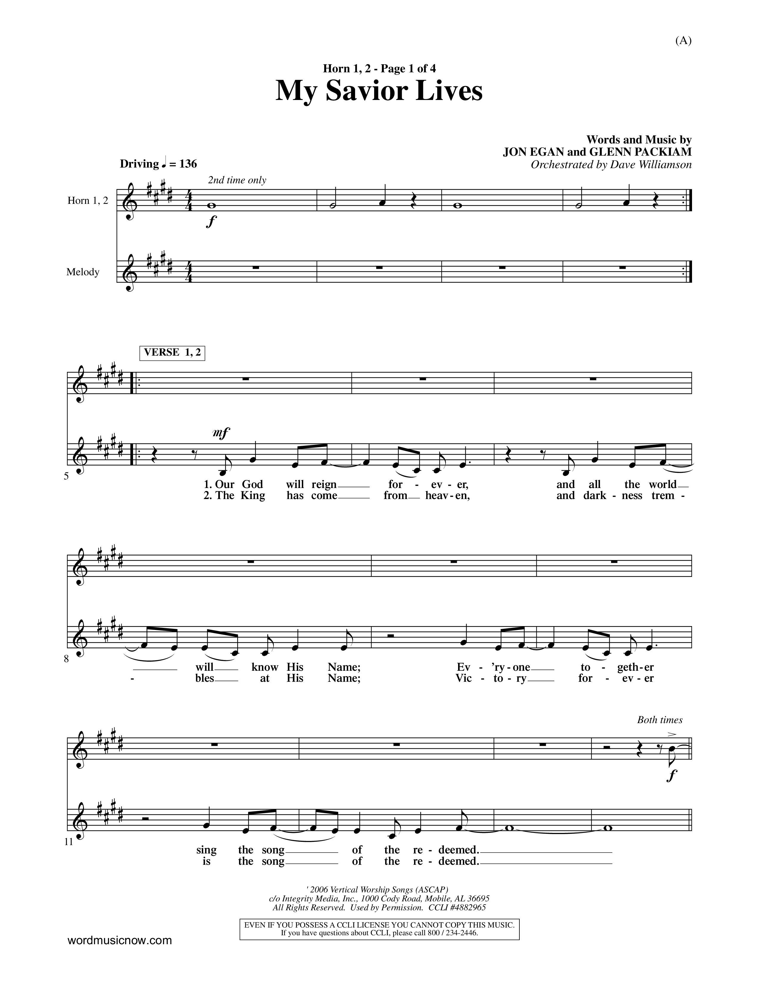 My Savior Lives (Choral Anthem SATB) French Horn (Word Music Choral / Orch. Dave Williamson)