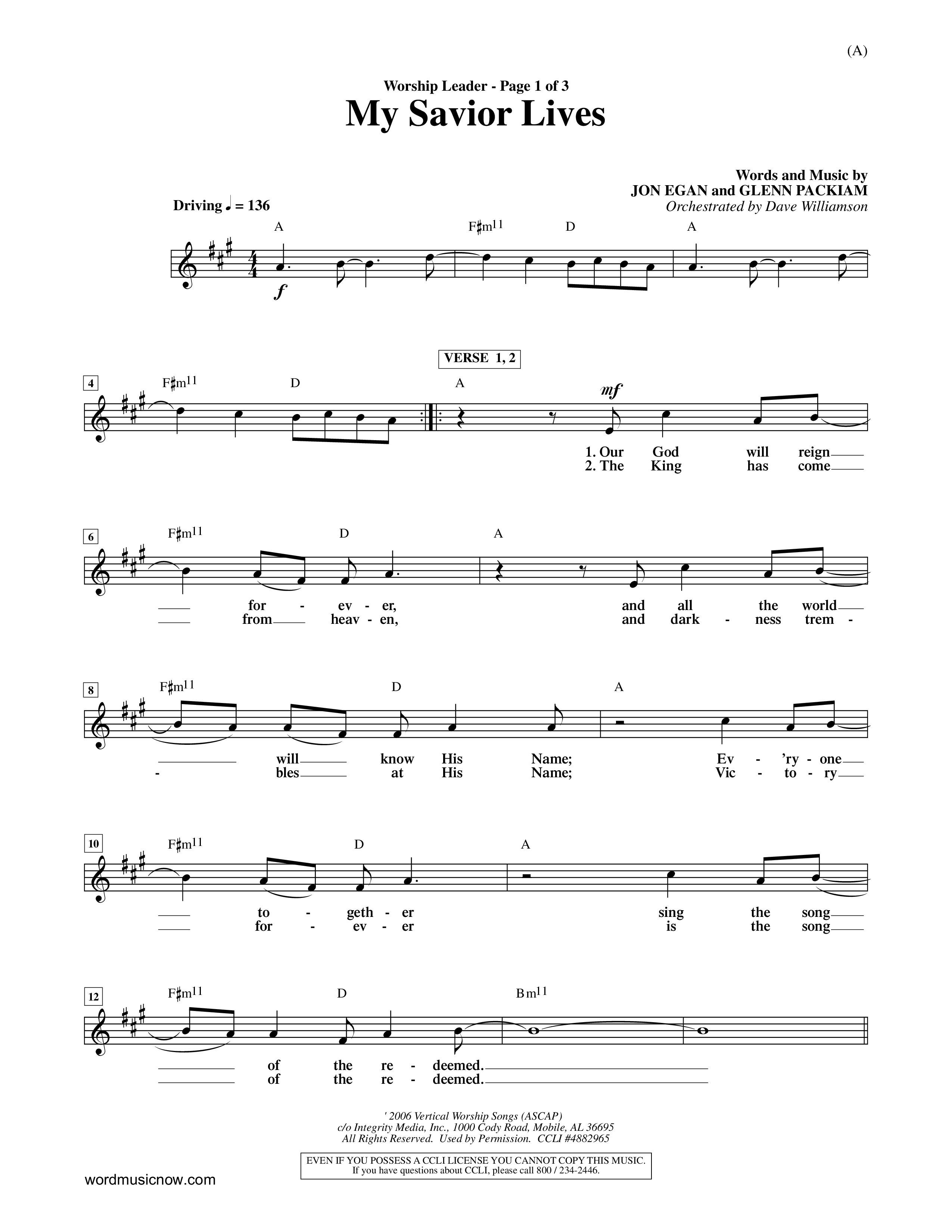 My Savior Lives (Choral Anthem SATB) Lead Sheet (Mel) (Word Music Choral / Orch. Dave Williamson)