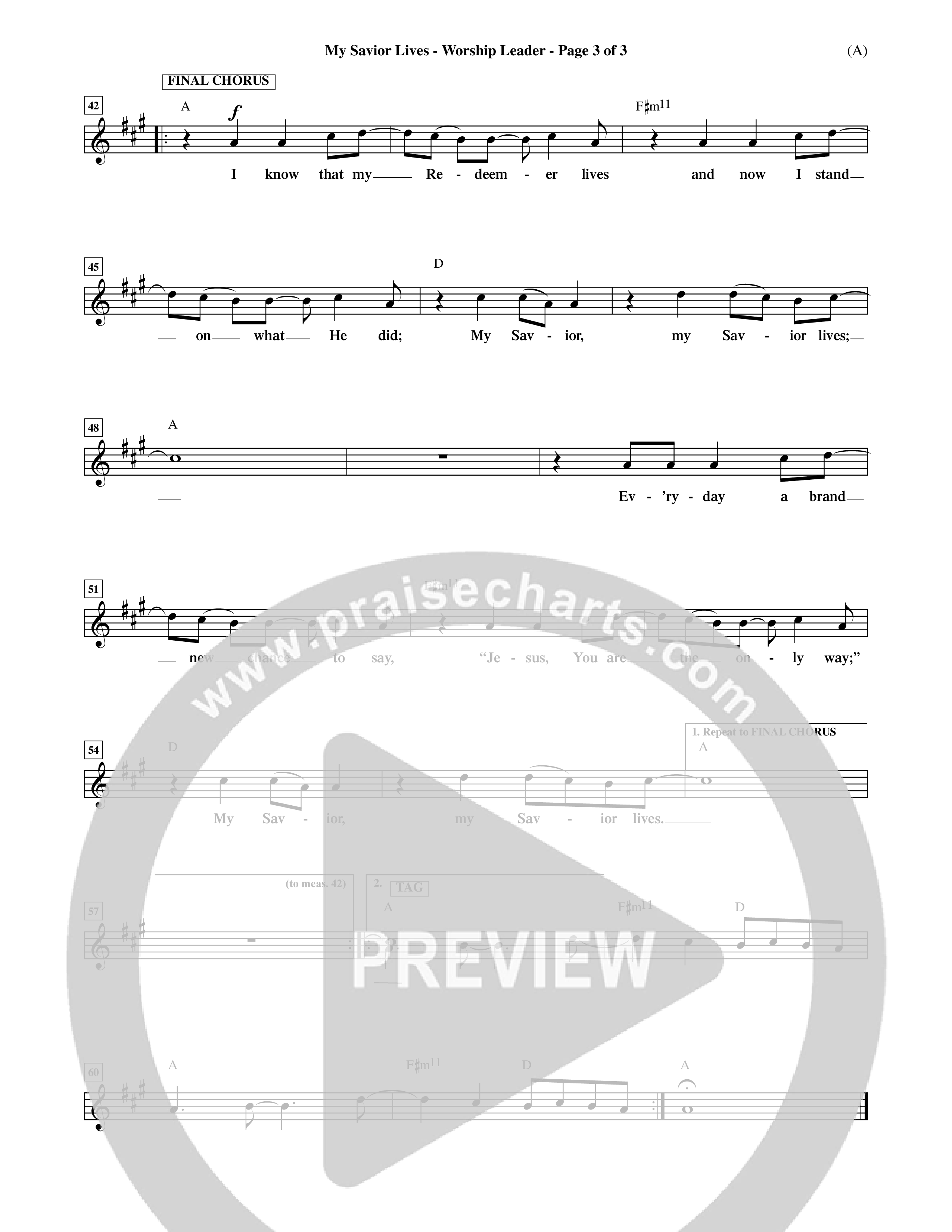 My Savior Lives (Choral Anthem SATB) Lead Sheet (Mel) (Word Music Choral / Orch. Dave Williamson)