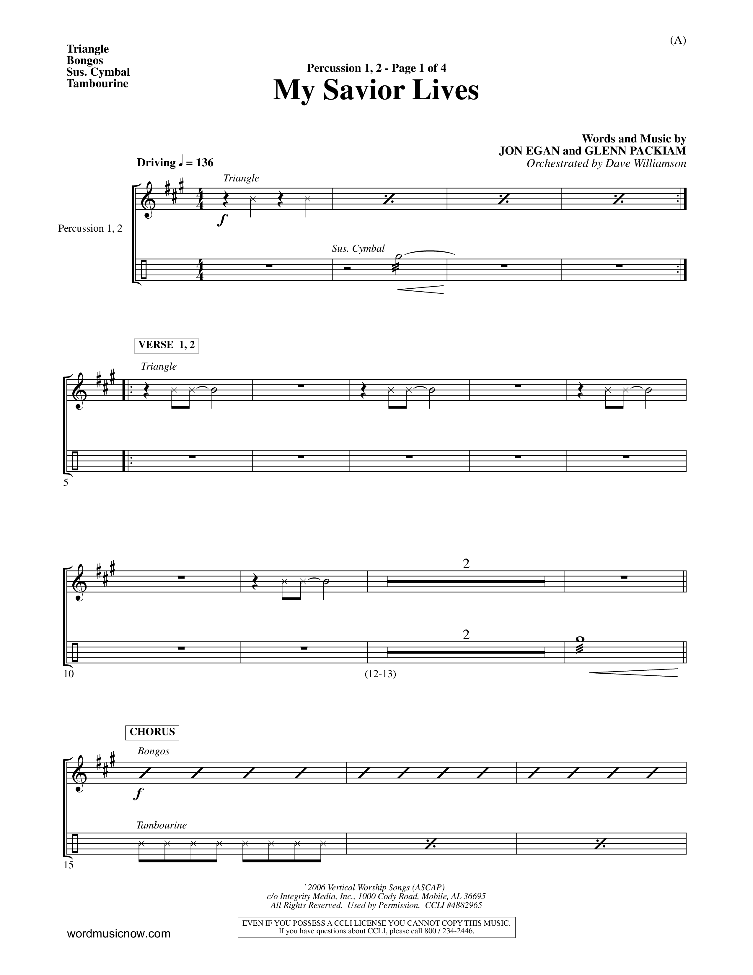 My Savior Lives (Choral Anthem SATB) Percussion 1/2 (Word Music Choral / Orch. Dave Williamson)