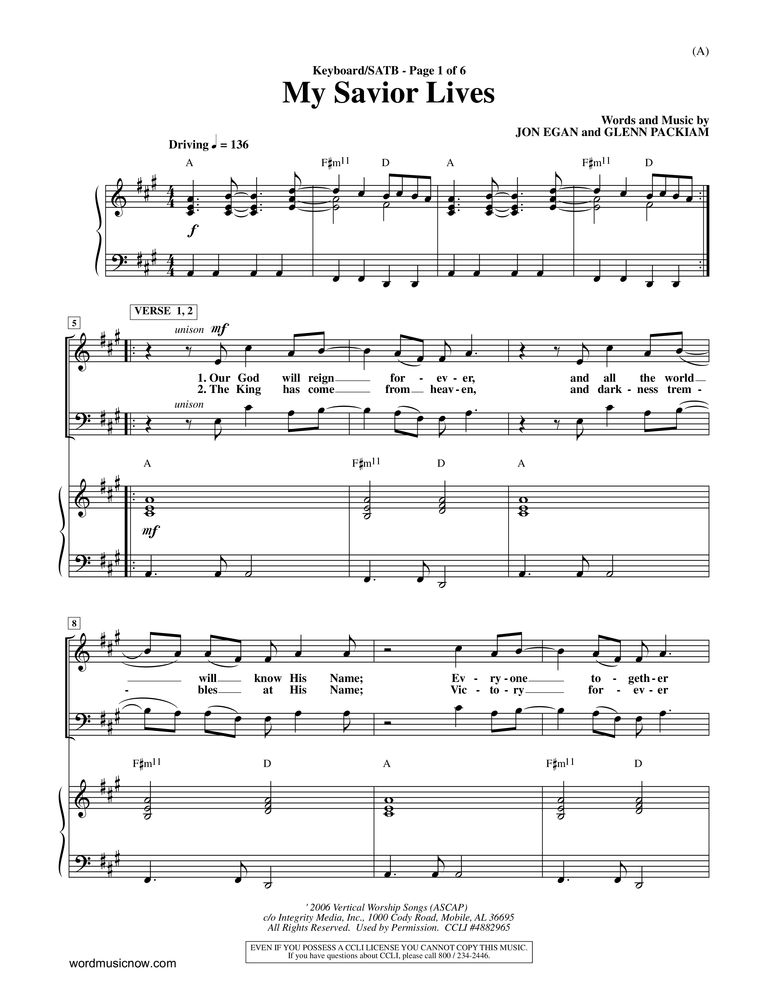 My Savior Lives (Choral Anthem SATB) Keyboard/Vocal (SATB) (Word Music Choral / Orch. Dave Williamson)