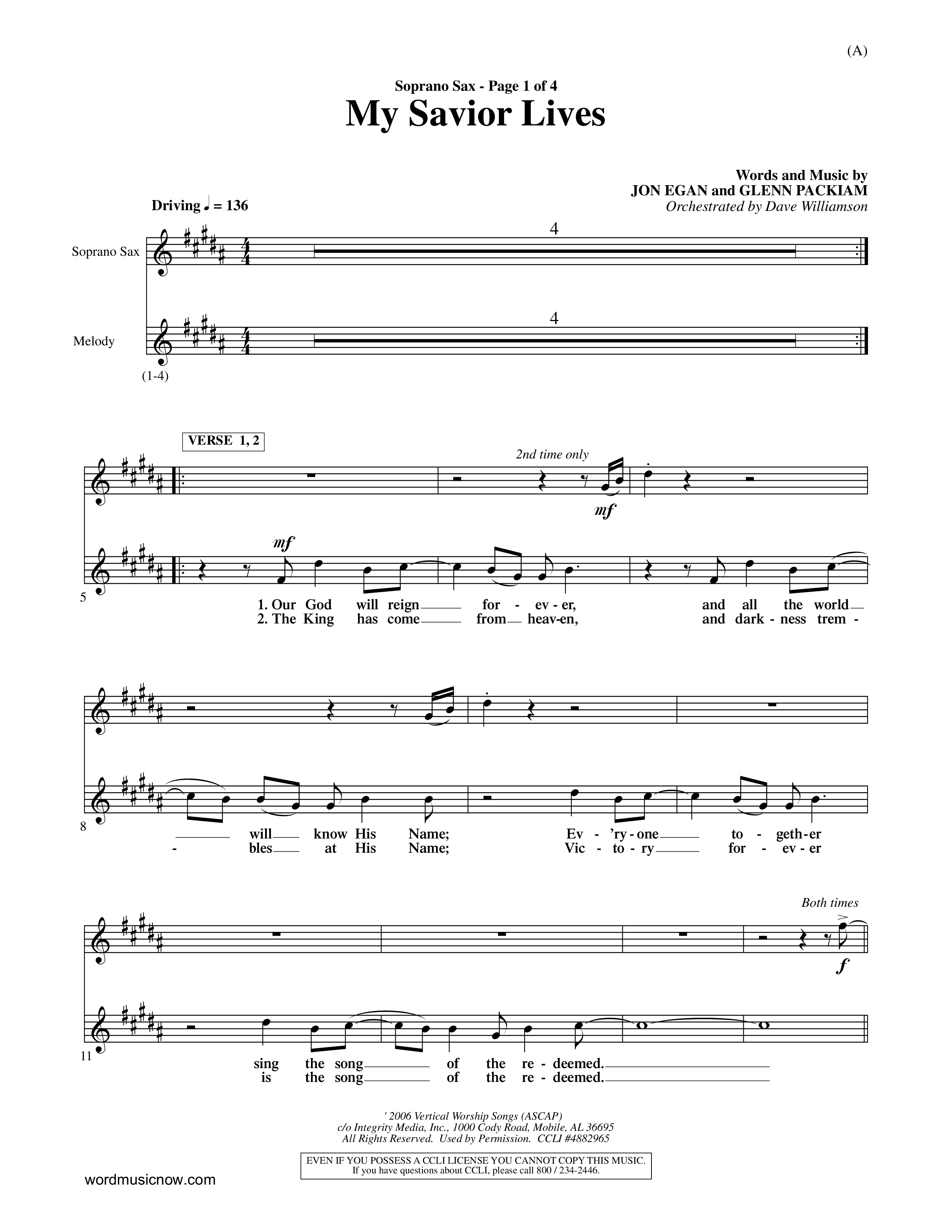 My Savior Lives (Choral Anthem SATB) Saxophone (Word Music Choral / Orch. Dave Williamson)