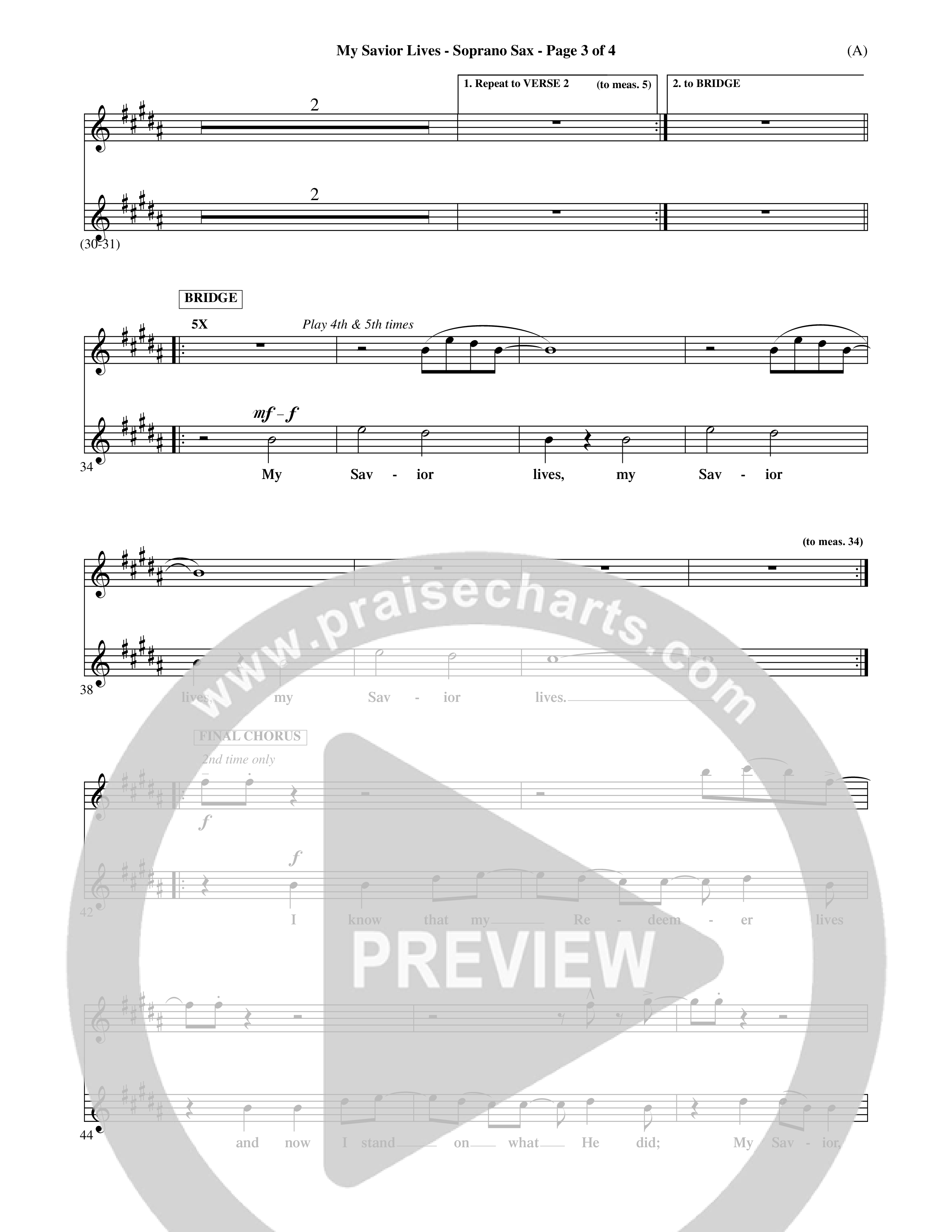 My Savior Lives (Choral Anthem SATB) Saxophone (Word Music Choral / Orch. Dave Williamson)