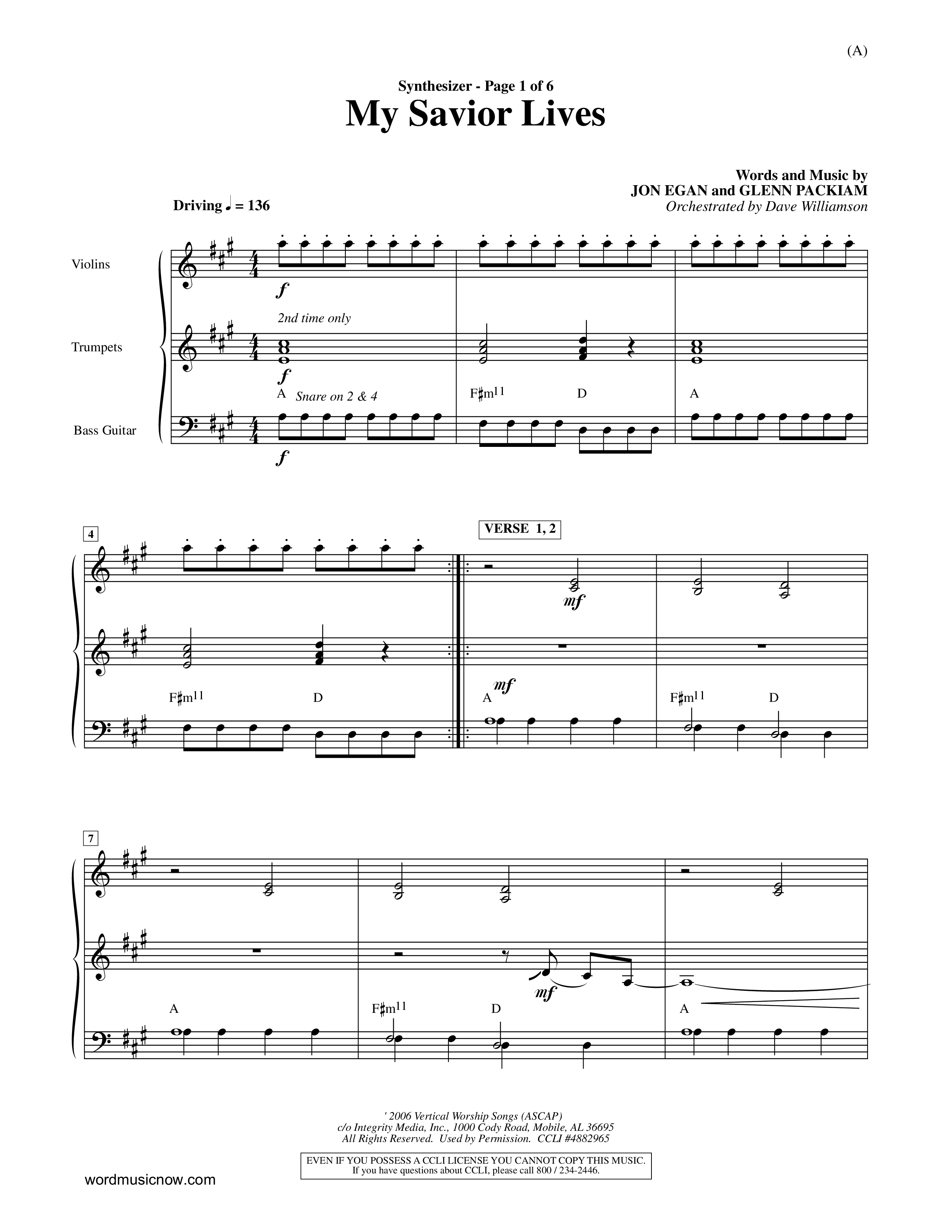 My Savior Lives (Choral Anthem SATB) Synth (Word Music Choral / Orch. Dave Williamson)