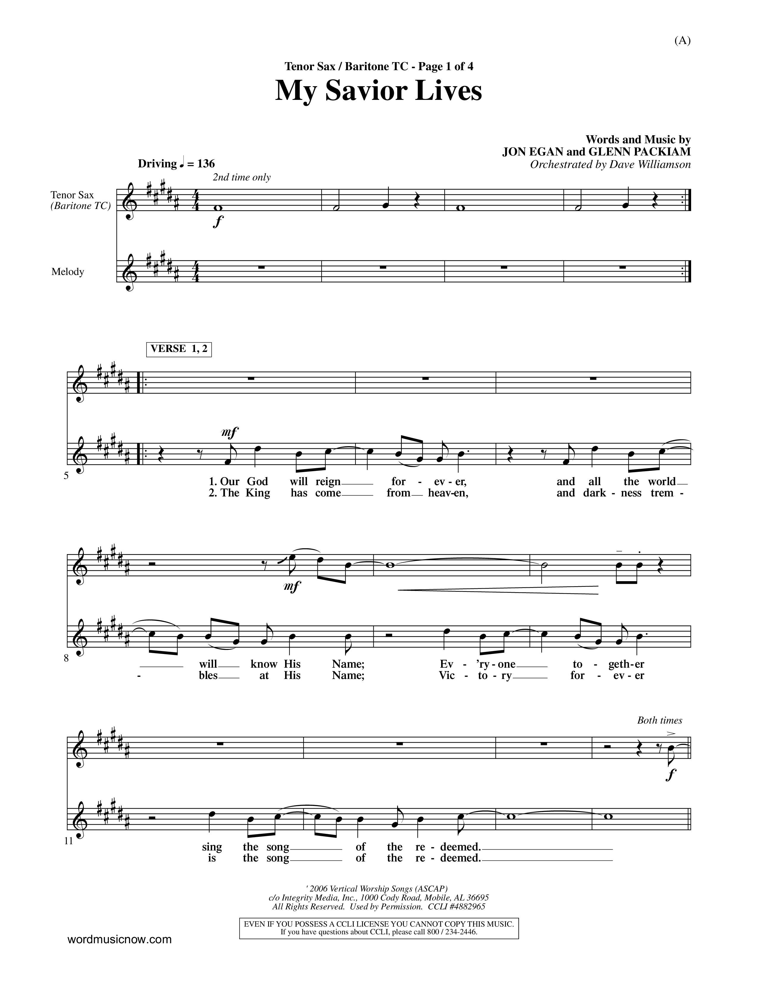 My Savior Lives (Choral Anthem SATB) Tenor Sax/Baritone T.C. (Word Music Choral / Orch. Dave Williamson)