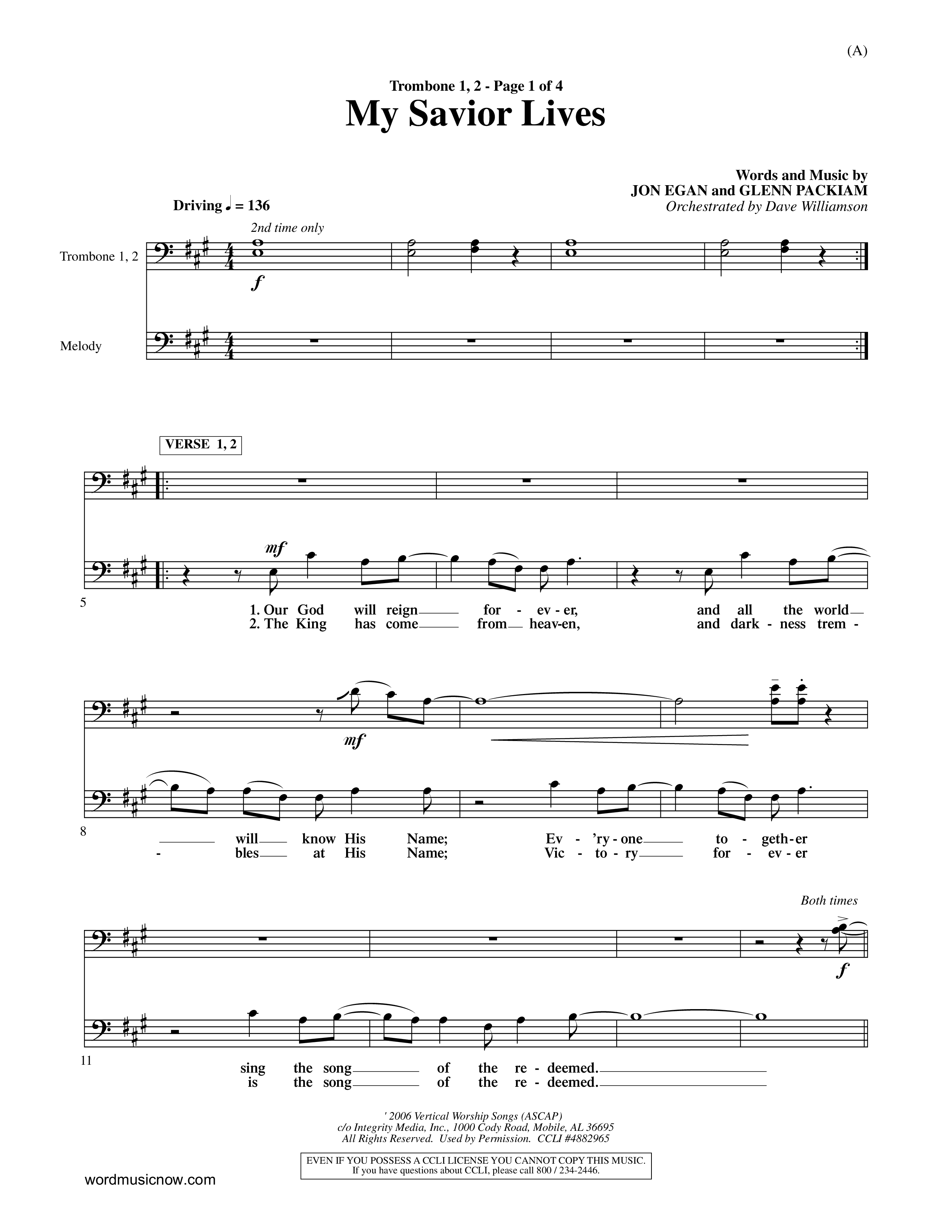 My Savior Lives (Choral Anthem SATB) Trombone 1/2 (Word Music Choral / Orch. Dave Williamson)