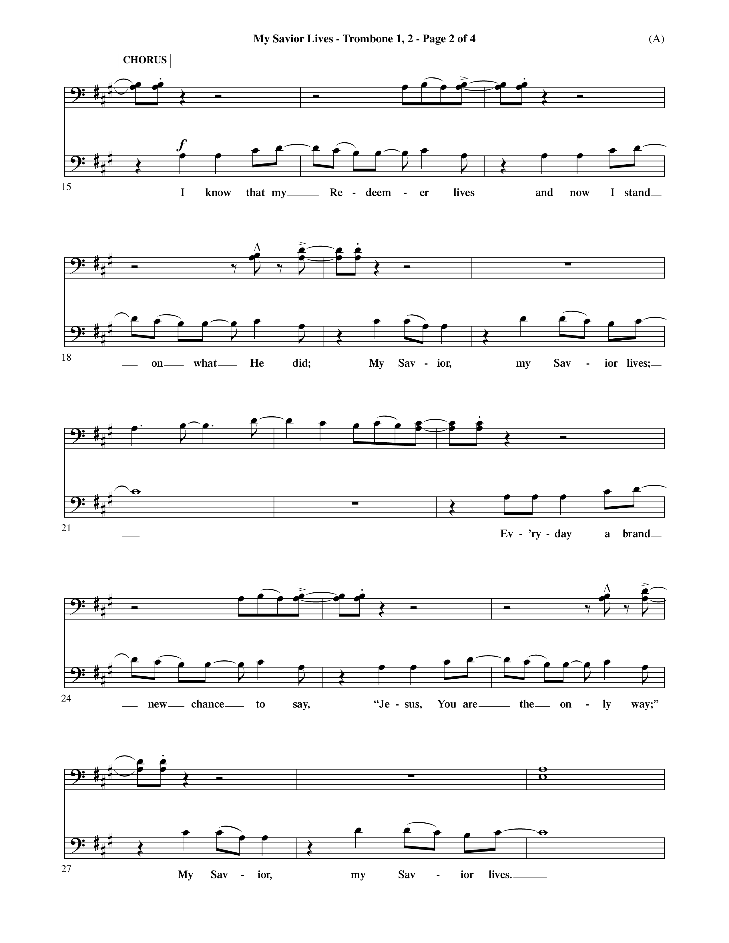 My Savior Lives (Choral Anthem SATB) Trombone 1/2 (Word Music Choral / Orch. Dave Williamson)