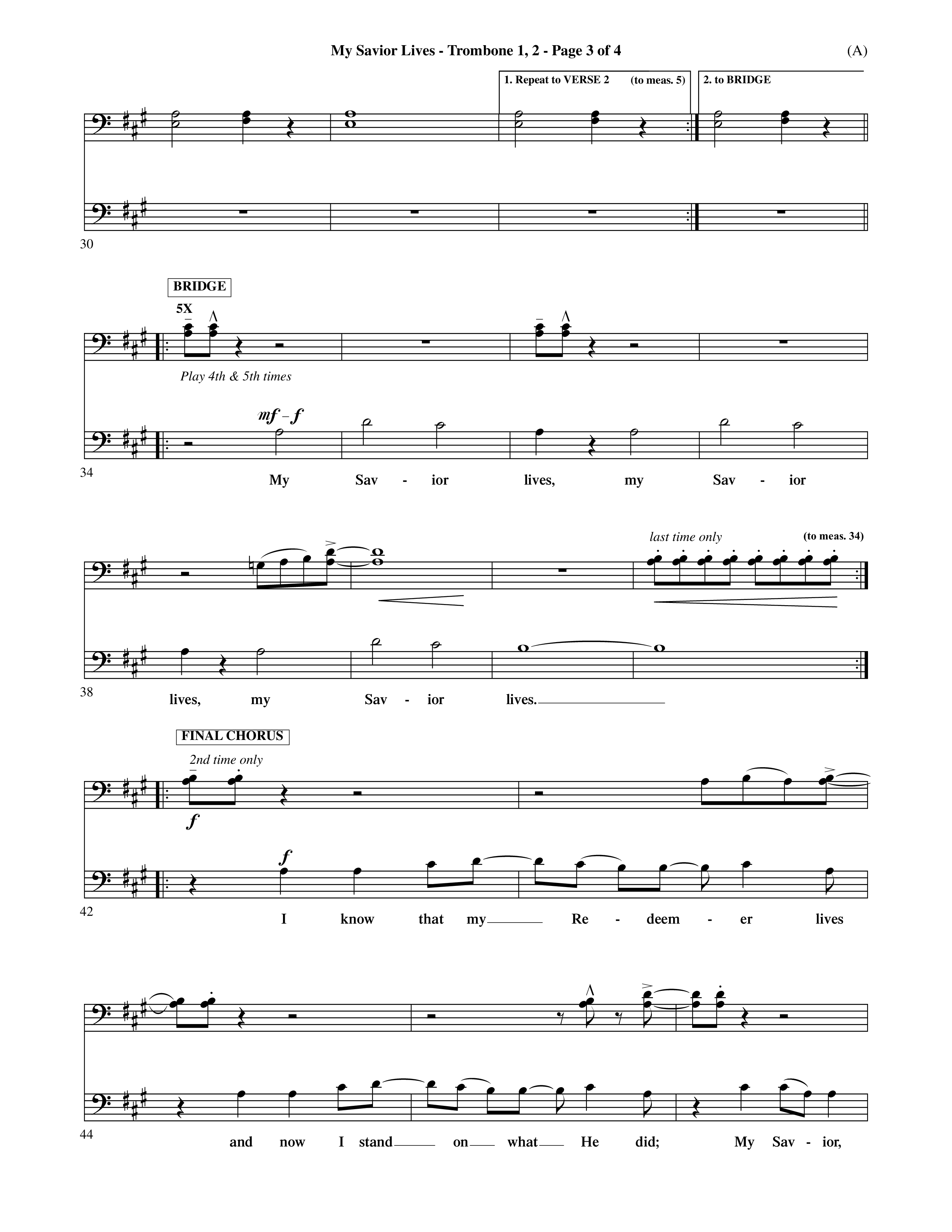 My Savior Lives (Choral Anthem SATB) Trombone 1/2 (Word Music Choral / Orch. Dave Williamson)