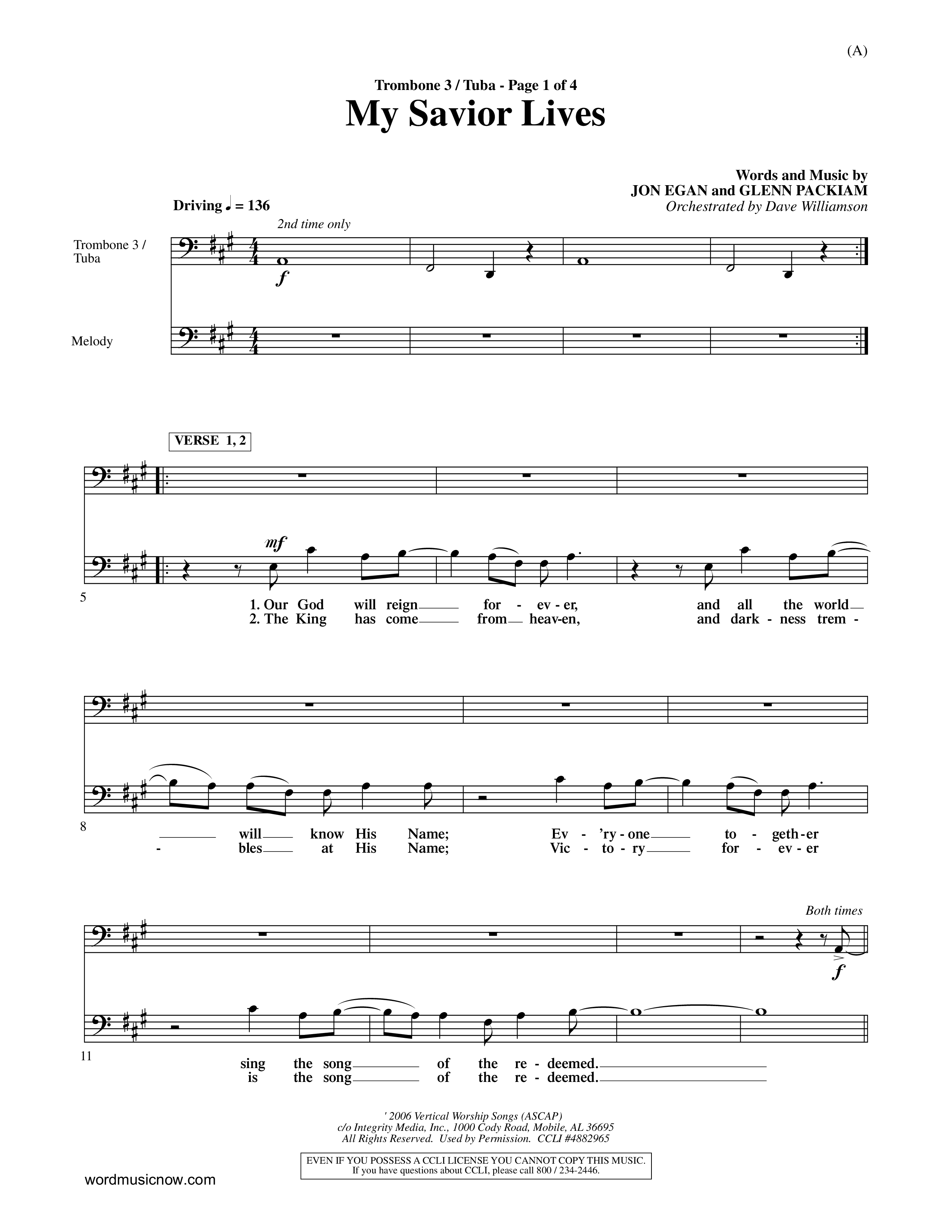 My Savior Lives (Choral Anthem SATB) Trombone 3/Tuba (Word Music Choral / Orch. Dave Williamson)