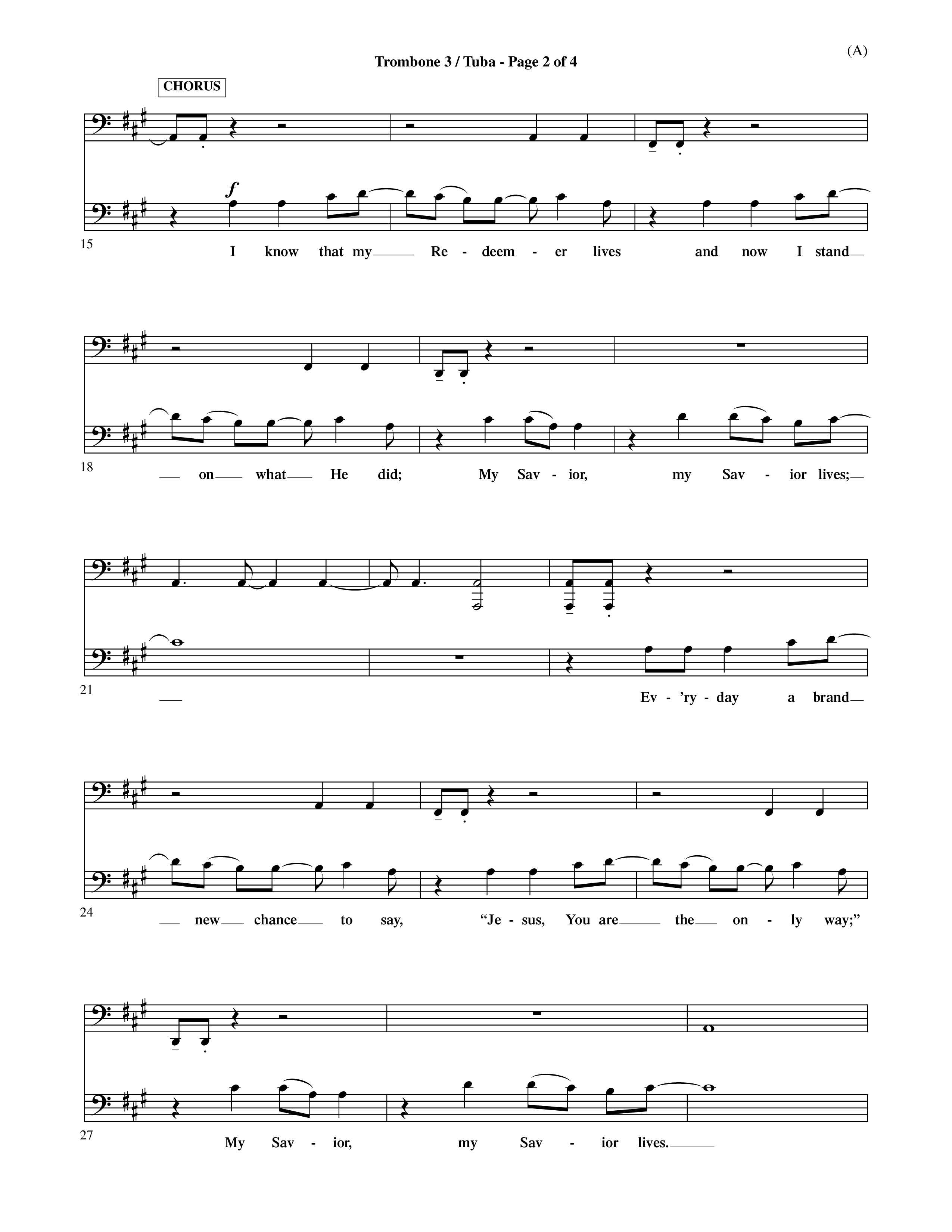 My Savior Lives (Choral Anthem SATB) Trombone 3/Tuba (Word Music Choral / Orch. Dave Williamson)