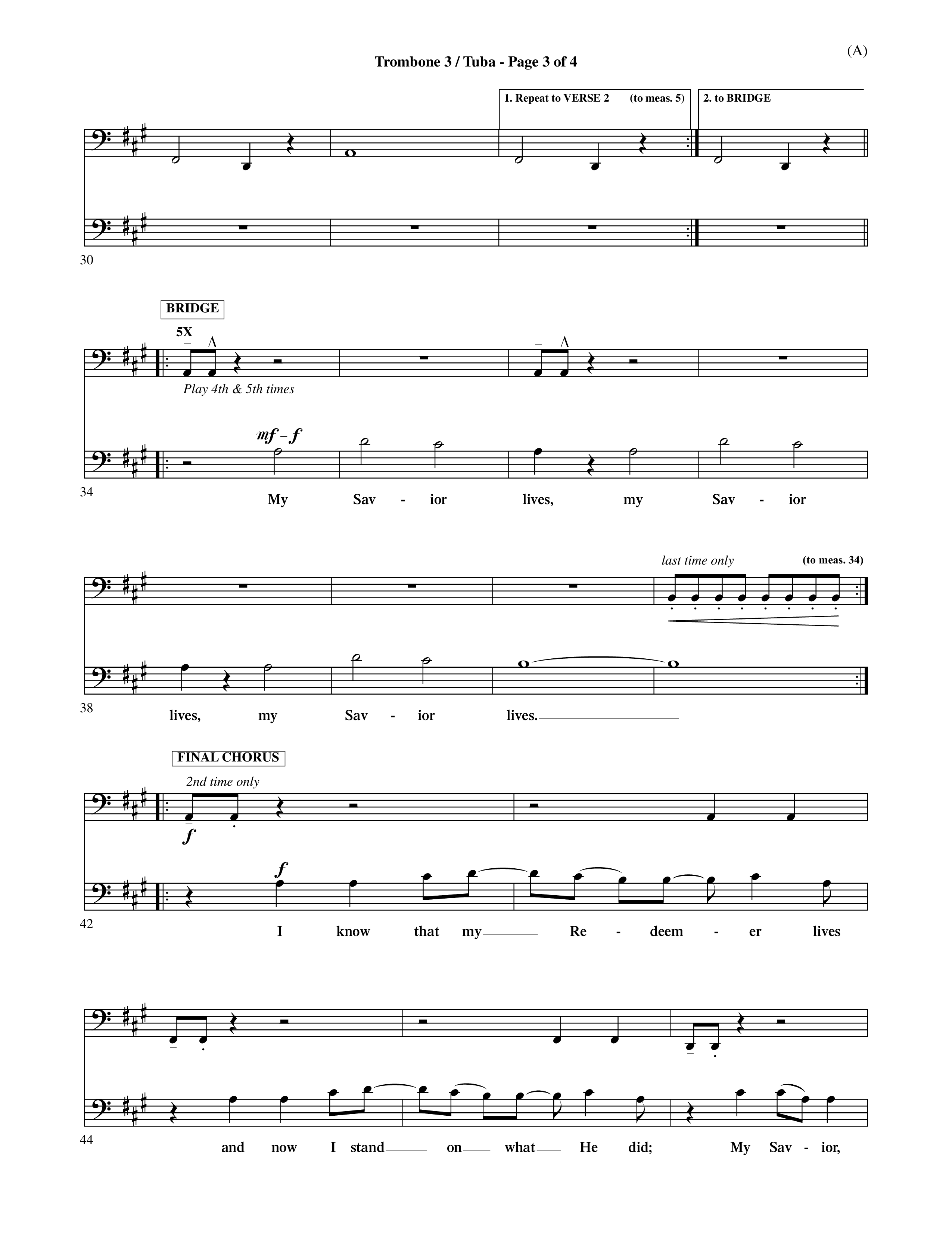 My Savior Lives (Choral Anthem SATB) Trombone 3/Tuba (Word Music Choral / Orch. Dave Williamson)