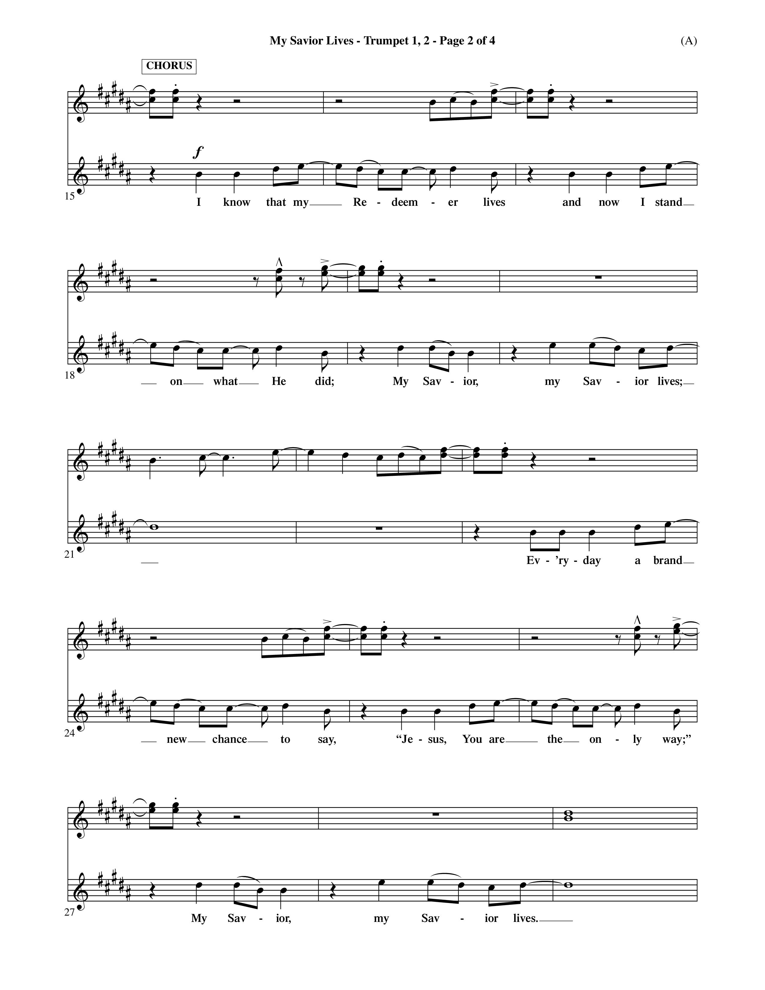 My Savior Lives (Choral Anthem SATB) Trumpet 1,2 (Word Music Choral / Orch. Dave Williamson)
