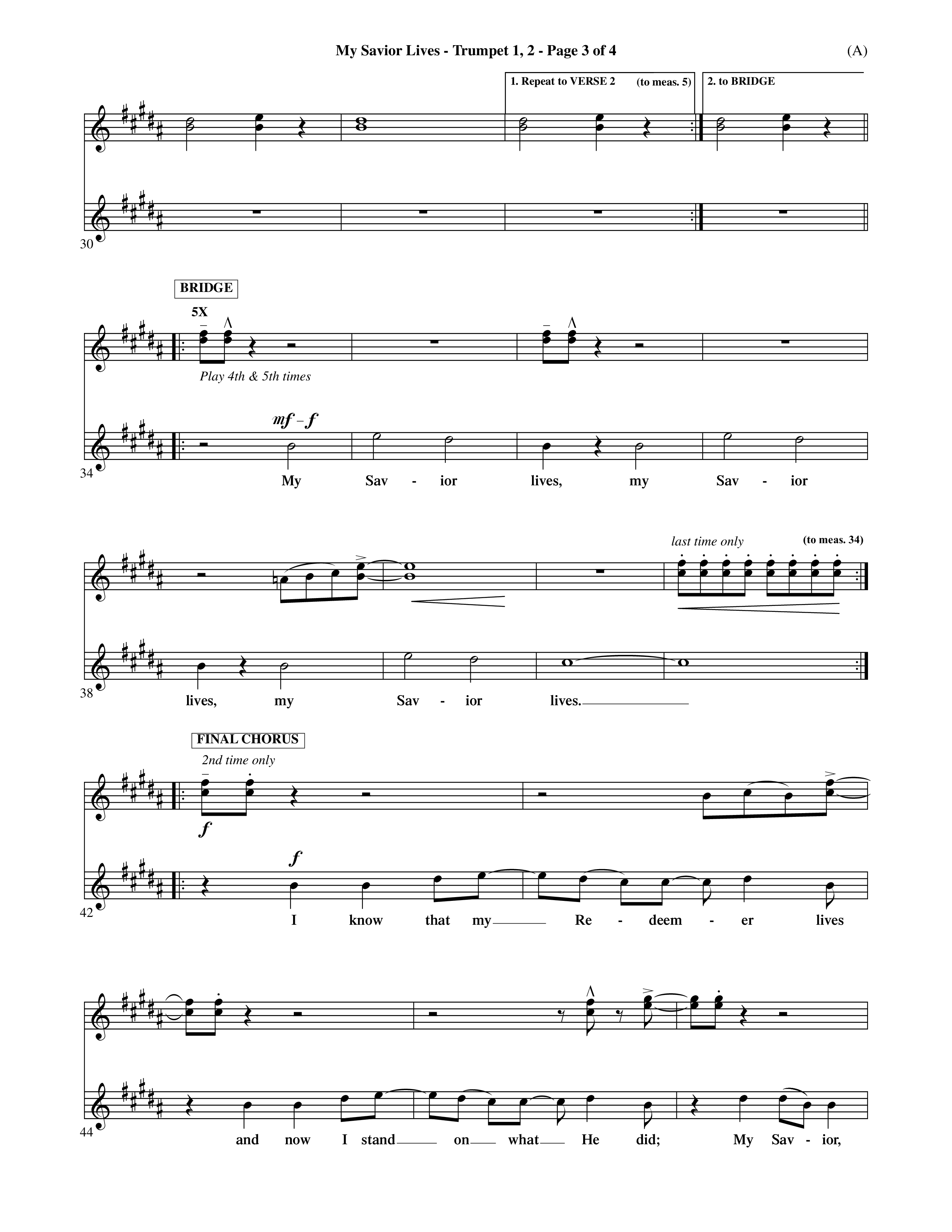 My Savior Lives (Choral Anthem SATB) Trumpet 1,2 (Word Music Choral / Orch. Dave Williamson)