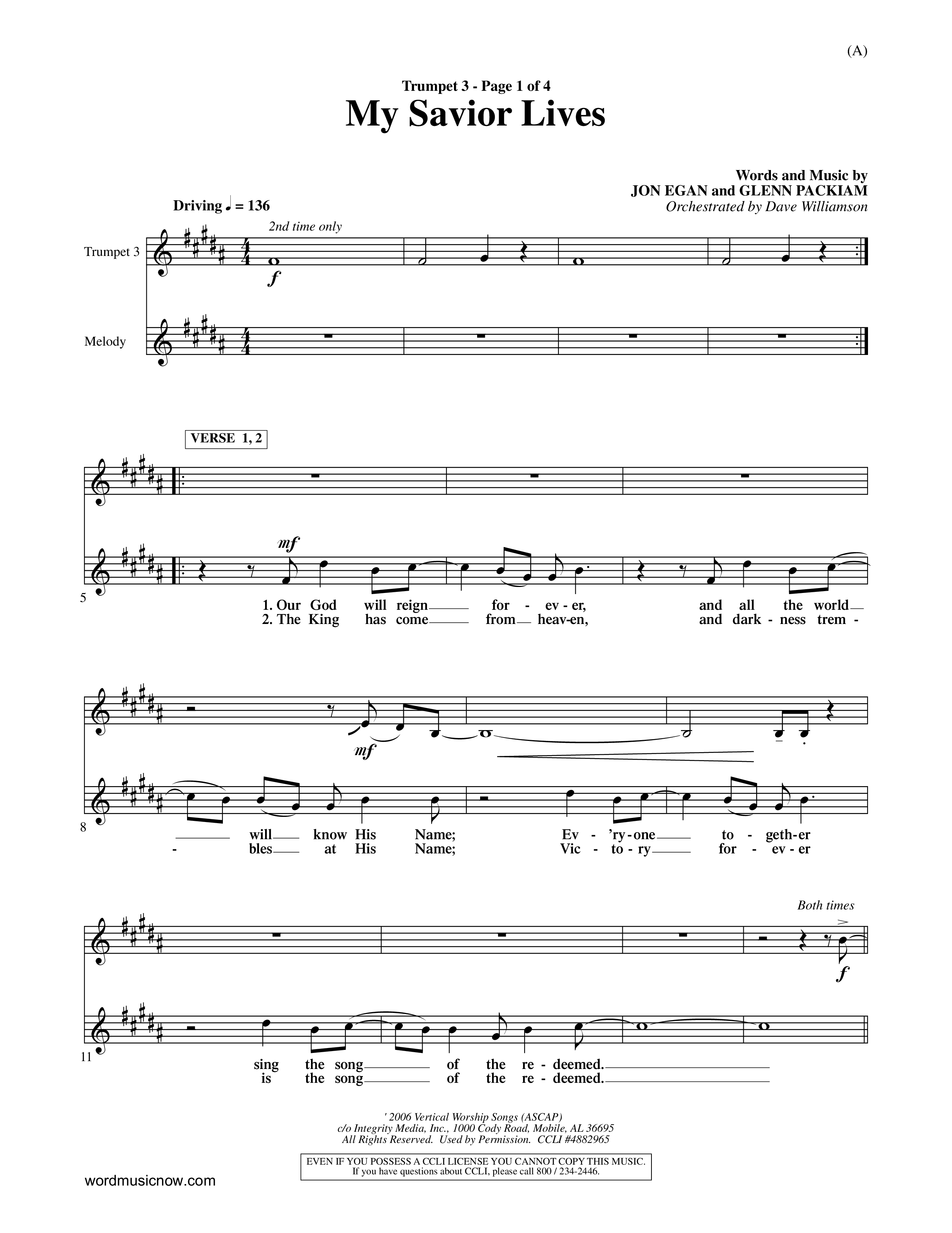 My Savior Lives (Choral Anthem SATB) Trumpet 3 (Word Music Choral / Orch. Dave Williamson)