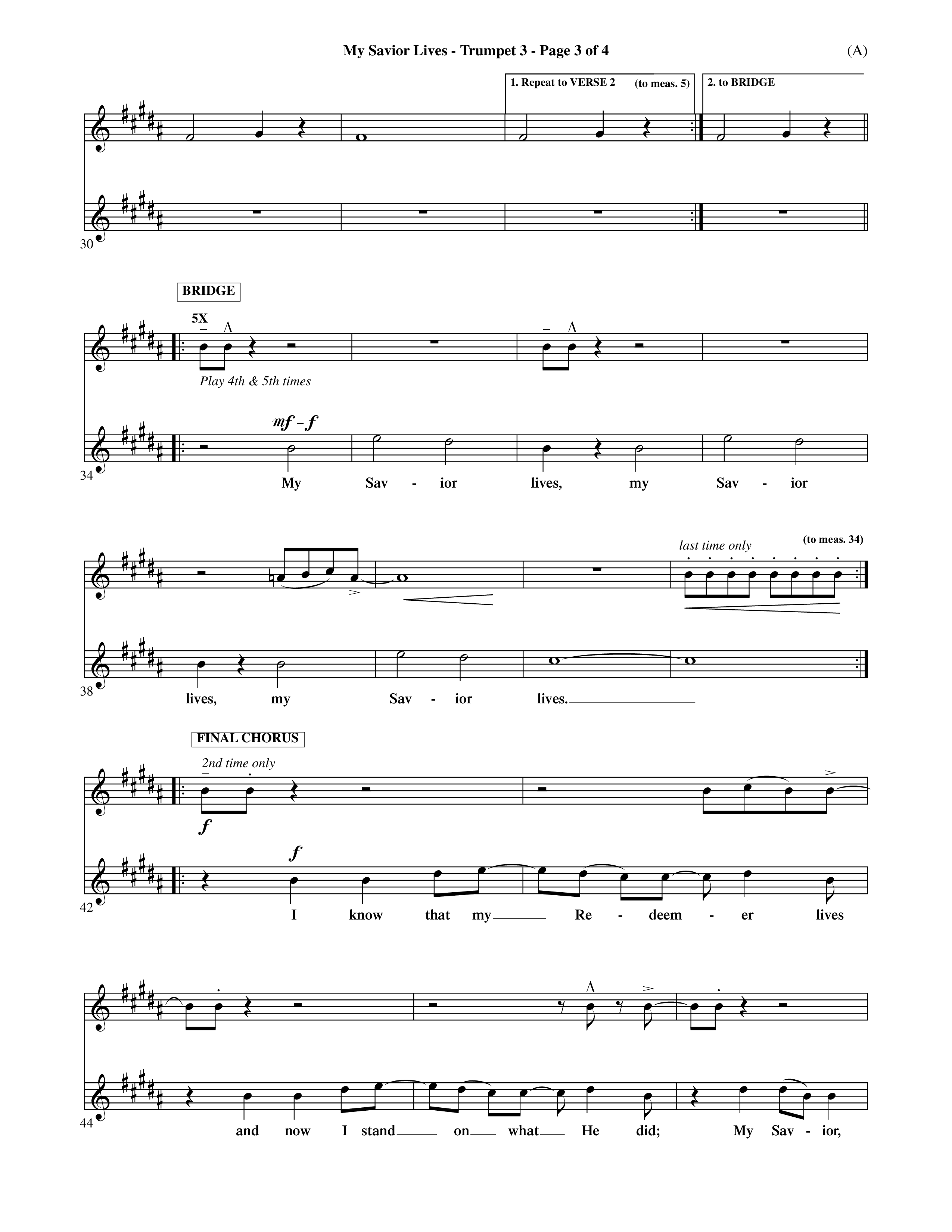 My Savior Lives (Choral Anthem SATB) Trumpet 3 (Word Music Choral / Orch. Dave Williamson)