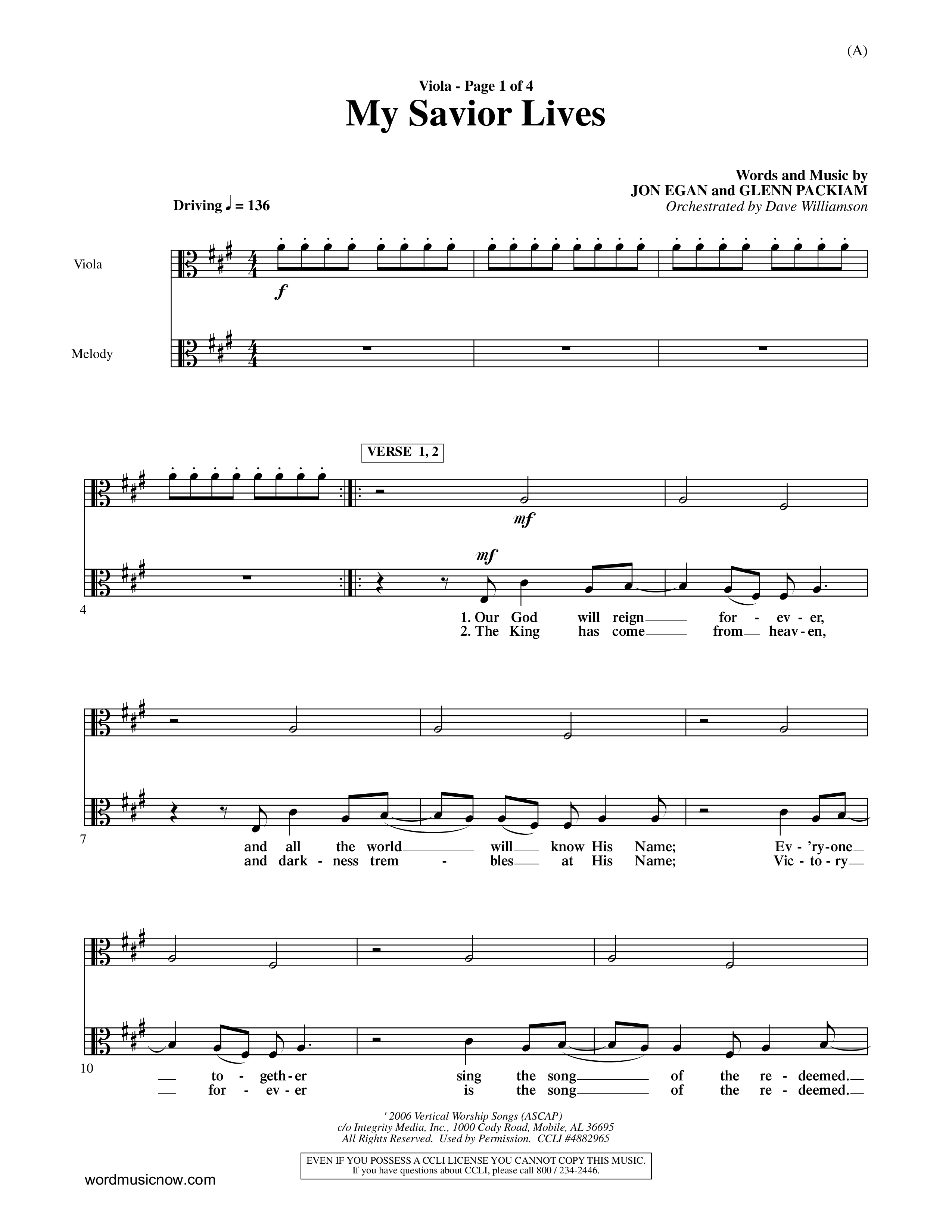 My Savior Lives (Choral Anthem SATB) Viola (Word Music Choral / Orch. Dave Williamson)