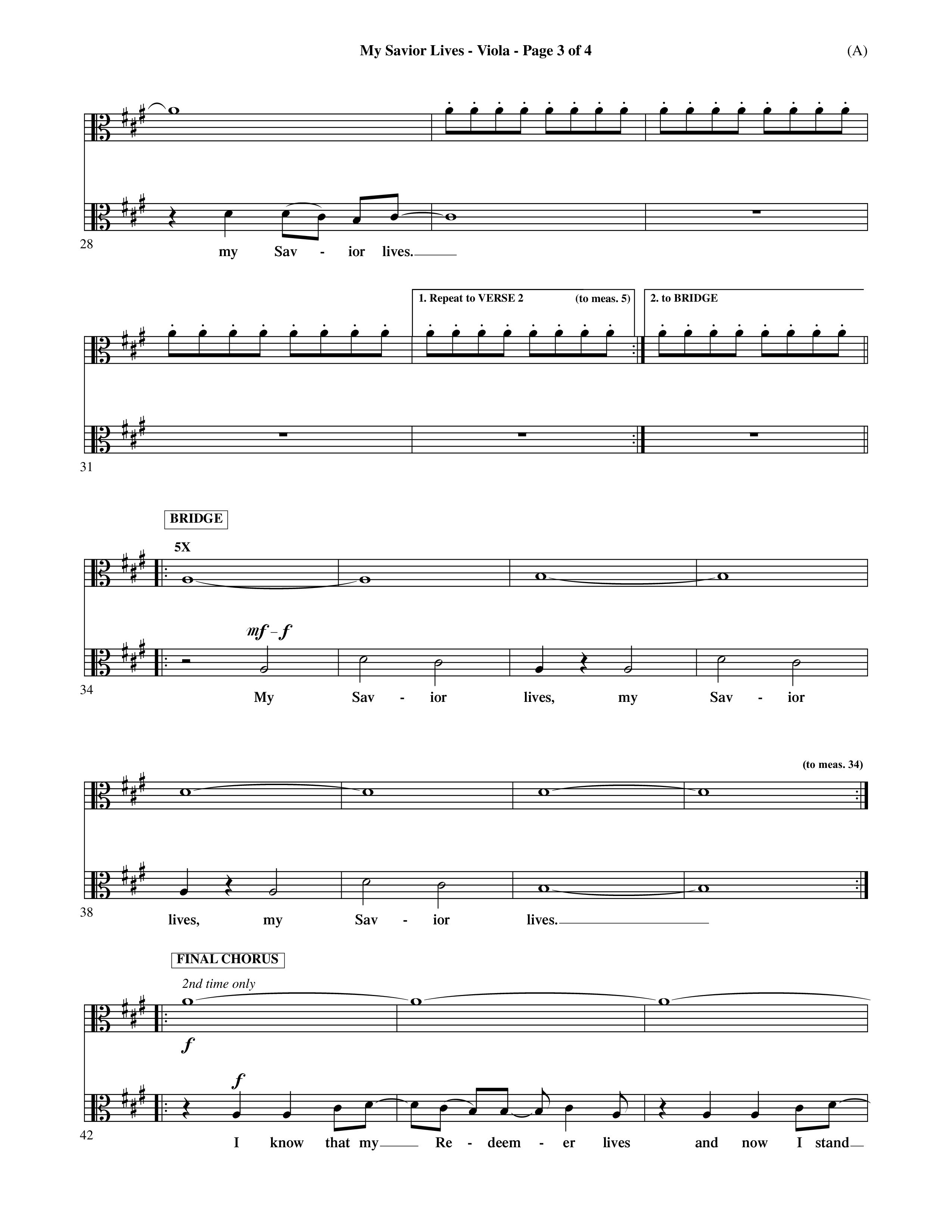 My Savior Lives (Choral Anthem SATB) Viola (Word Music Choral / Orch. Dave Williamson)
