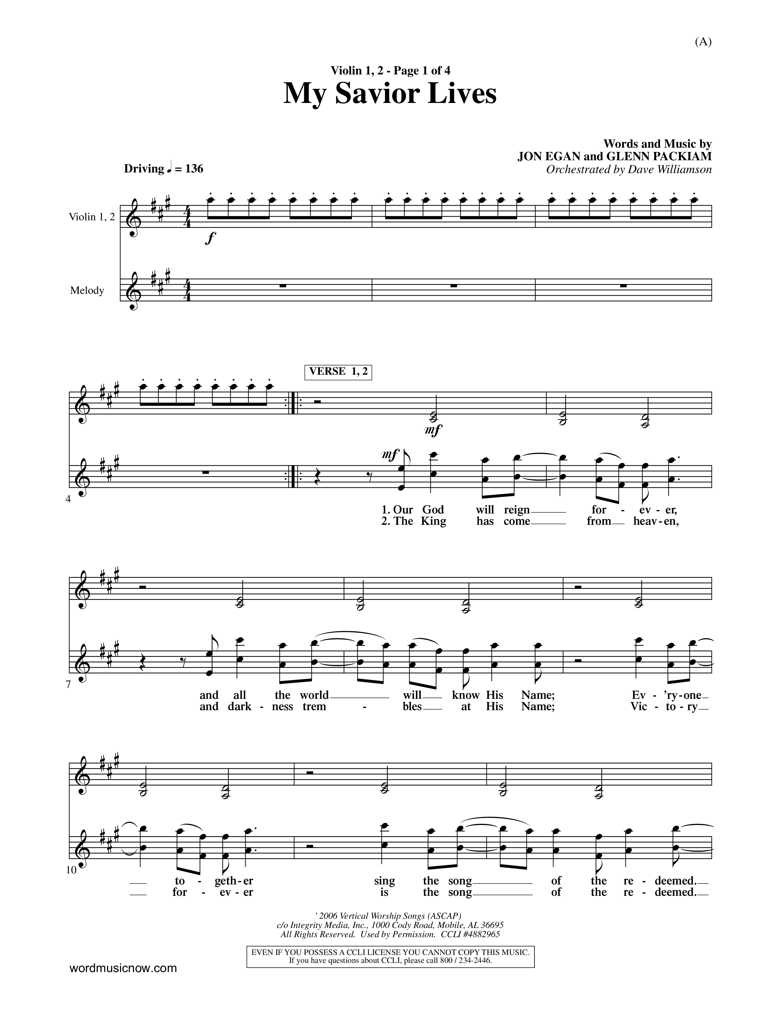 My Savior Lives (Choral Anthem SATB) Violin 1/2 (Word Music Choral / Orch. Dave Williamson)