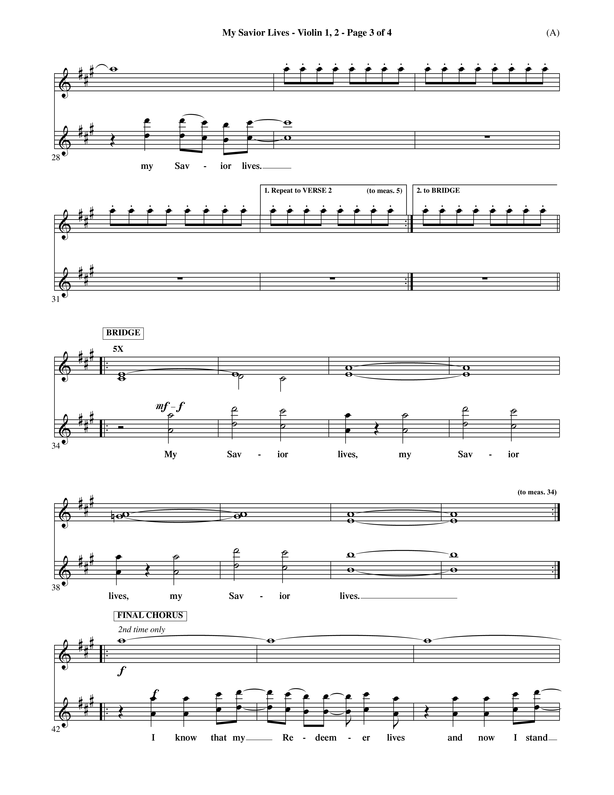 My Savior Lives (Choral Anthem SATB) Violin 1/2 (Word Music Choral / Orch. Dave Williamson)